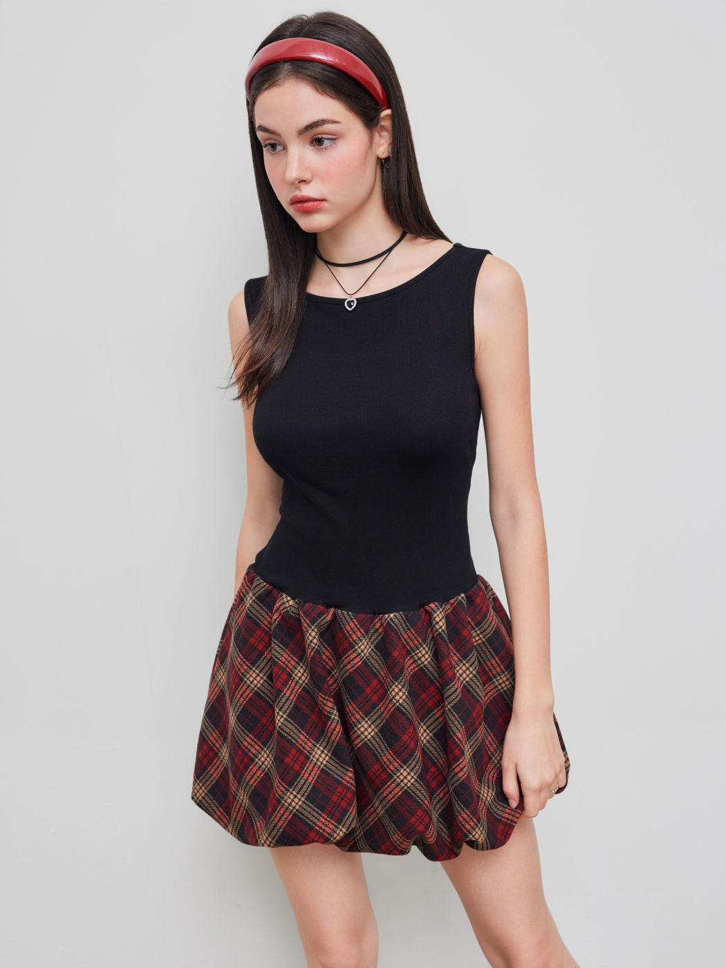 Cotton-blend Boat Neck Tartan Two Tone Bubble Hem Mini Dress