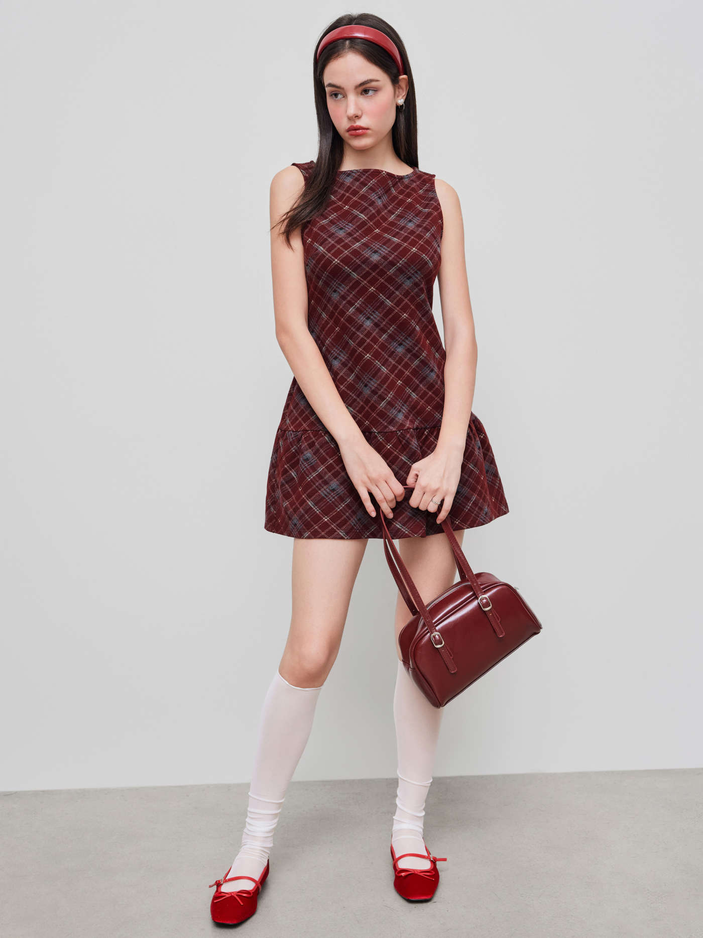 Wool-look Boat Neck Plaid Ruffle Hem Mini Dress
