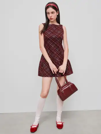 Woven Boat Neck Belted Mini Dress For Work