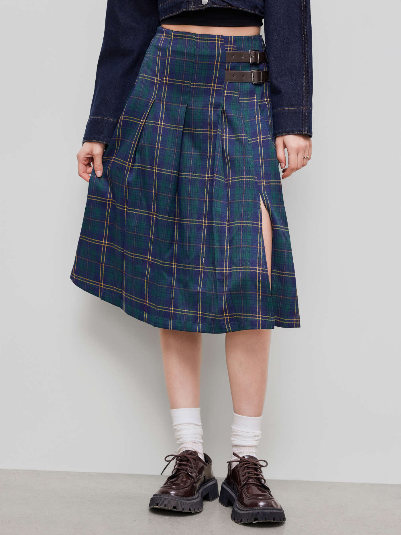 Mid Rise Plaid Pleated Belted Maxi Skirt