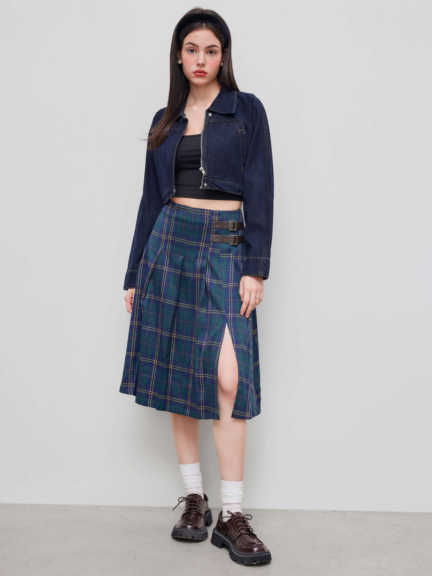 Mid Rise Plaid Pleated Belted Maxi Skirt