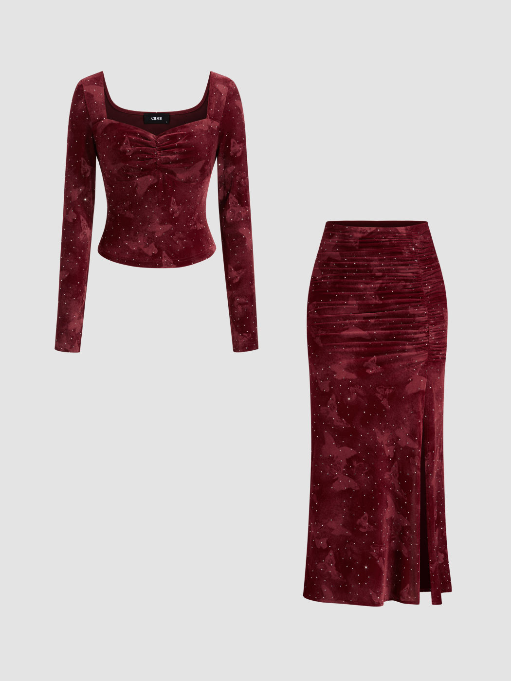 Velvet Sweetheart Butterfly Rhinestone Cropped Top & Mid Rise Split Maxi Skirt Set