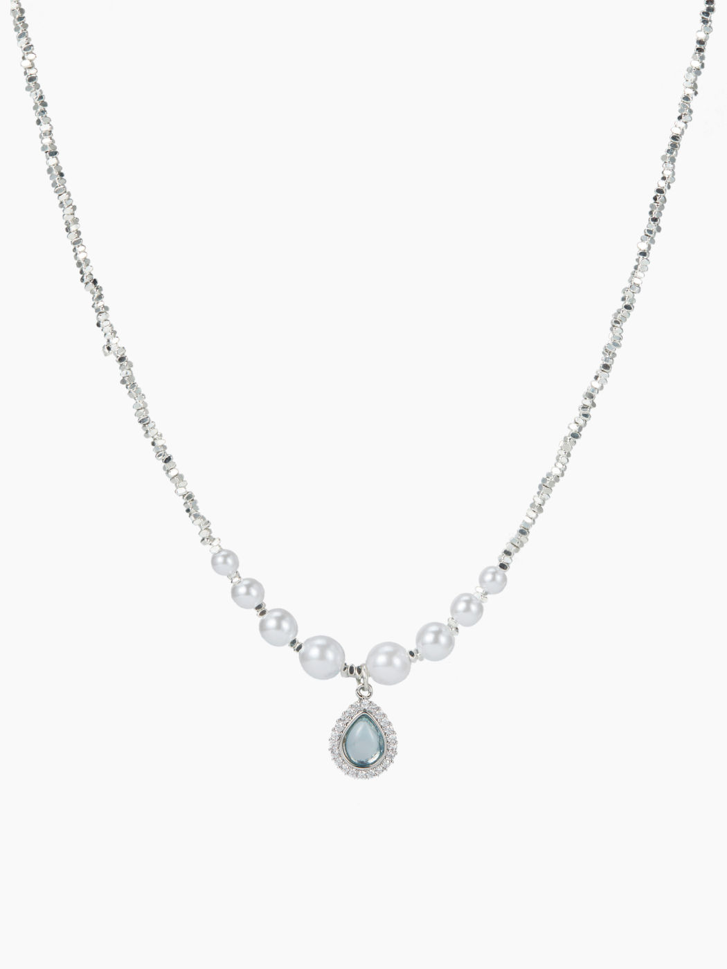 FAUX PEARL RHINESTONE AQUAMARINE PENDANT NECKLACE