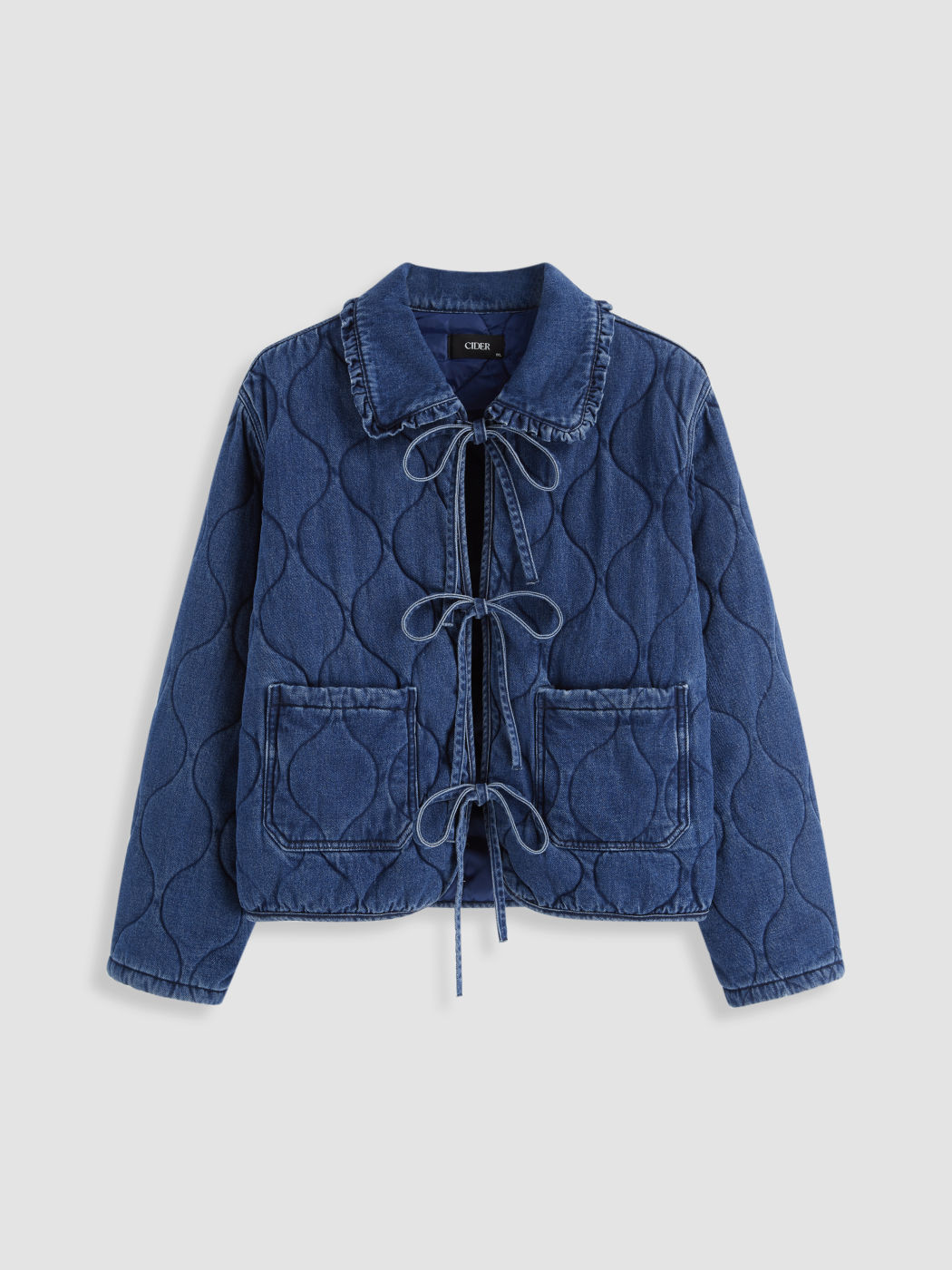 Denim Tie Front Bow Oversized Quilted Jacket Curve & Plus