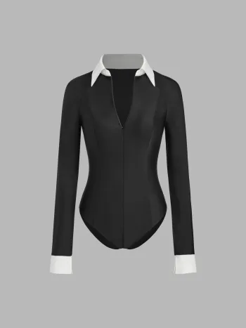 100% Cotton Collar Stripes Two Tone Long Sleeve Top
