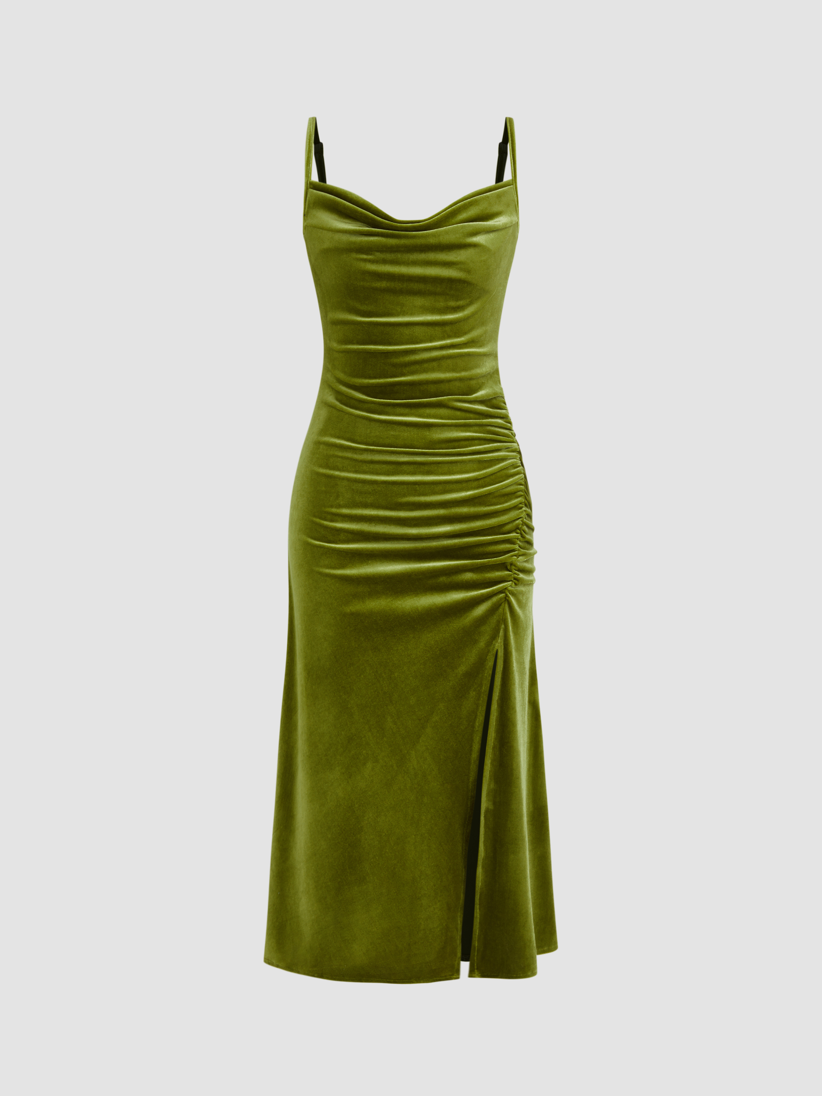 Velvet Cowl Neck Ruched Split Midi Dress