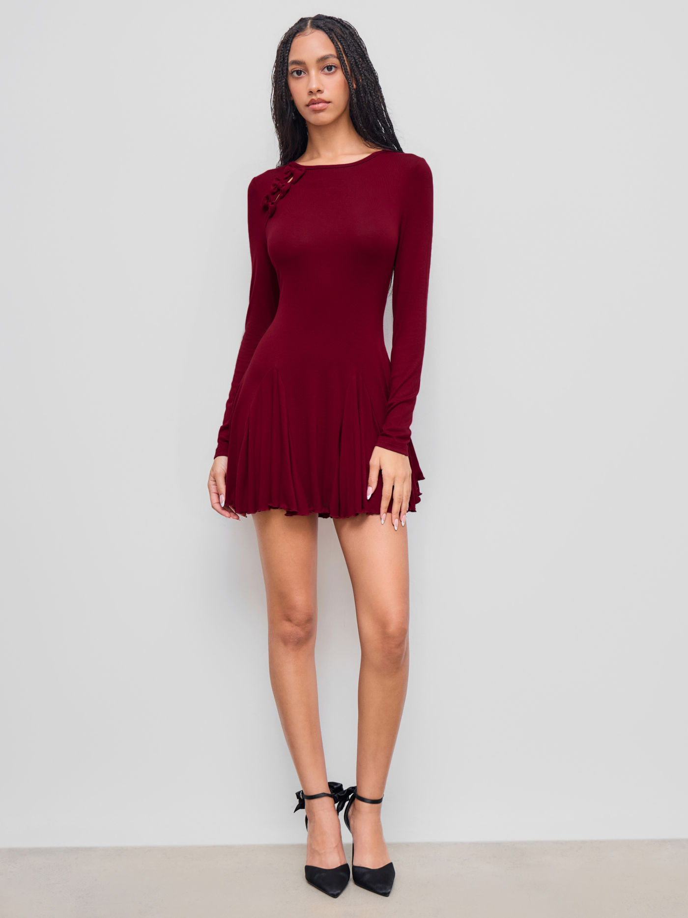 Round Neckline Bowknot Ruffle Hem Mini Dress