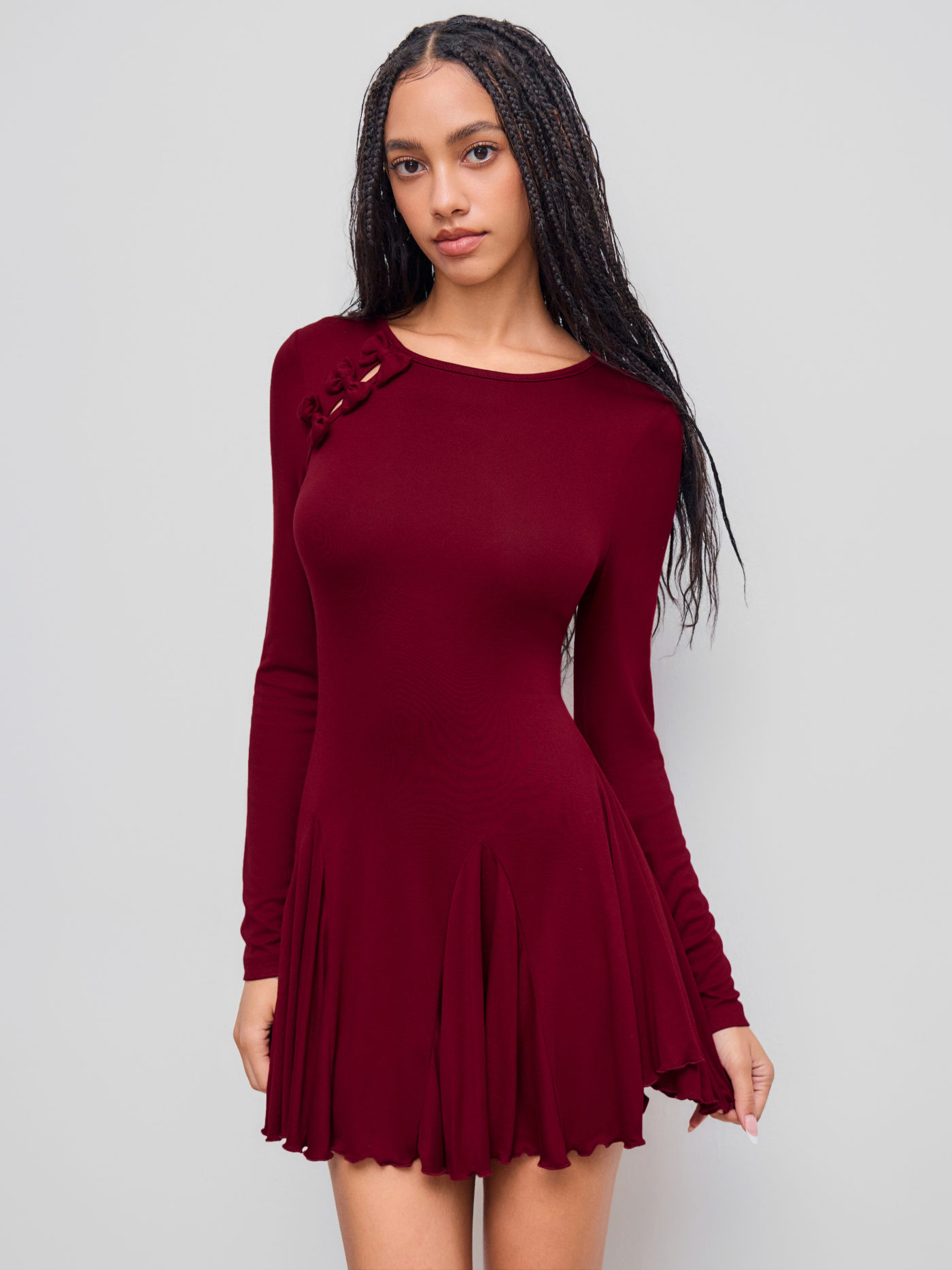 Round Neckline Bowknot Ruffle Hem Mini Dress