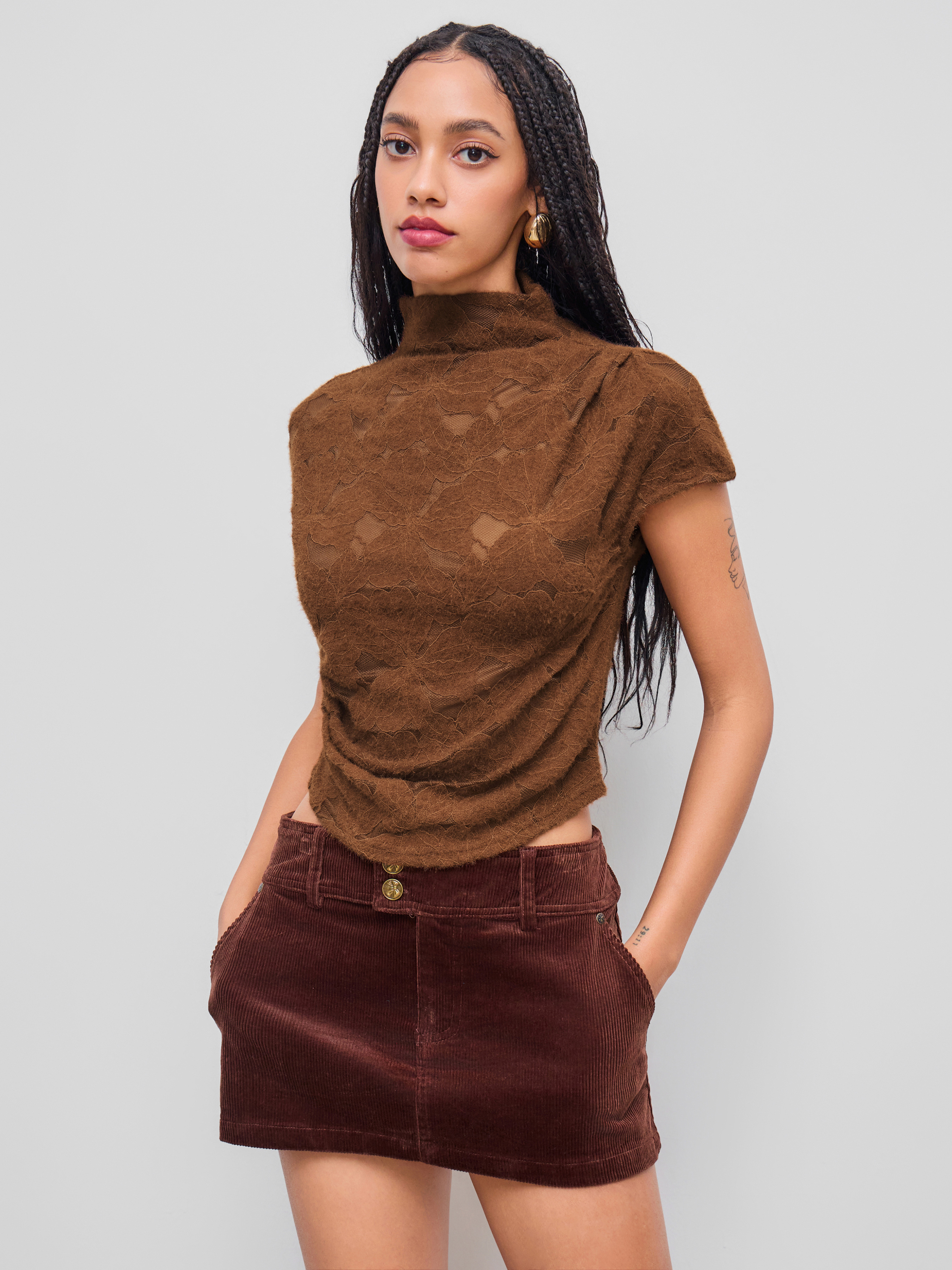 Lace Lace Stand Collar Floral Ruched Short Sleeve Top For Work