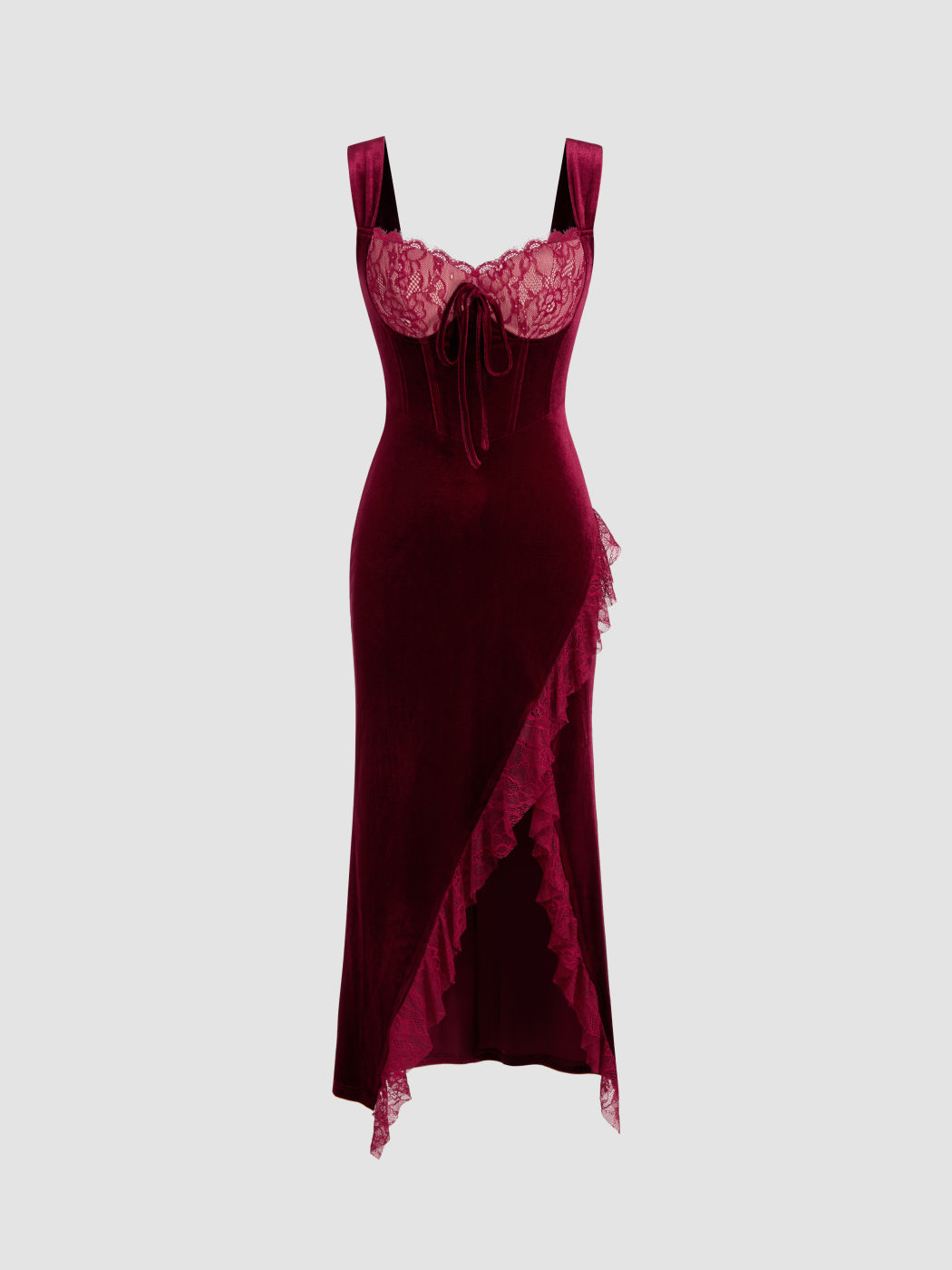 Vestido Maxi de Terciopelo con Encaje y Abertura