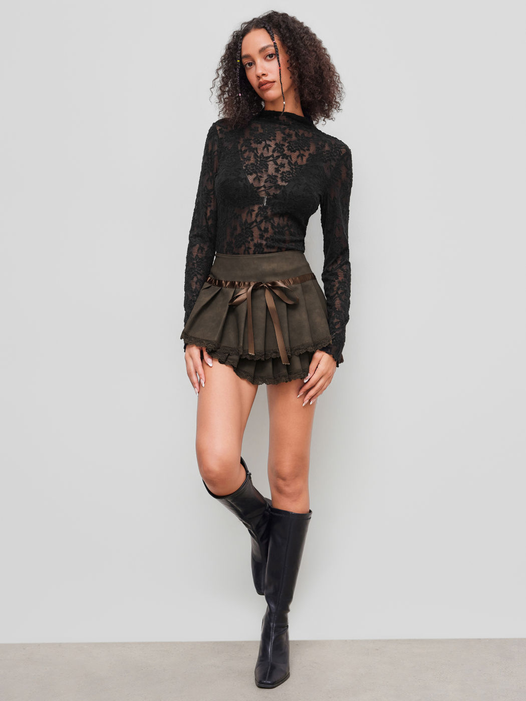 Lace High Neck Lettuce Trim Long Sleeve Top
