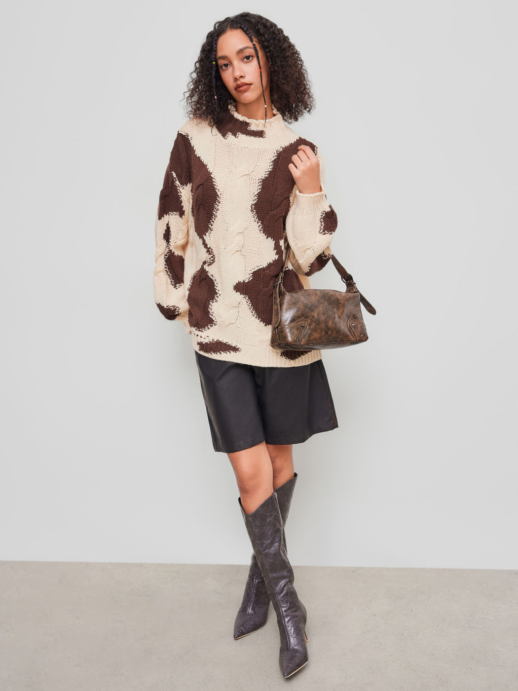 Cable Knit High Neck Cow Print Long Sleeve Top