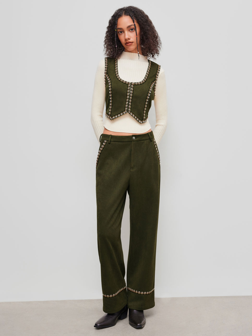 Suede Mid Rise Floral Embroidery Trim Straight Leg Trousers