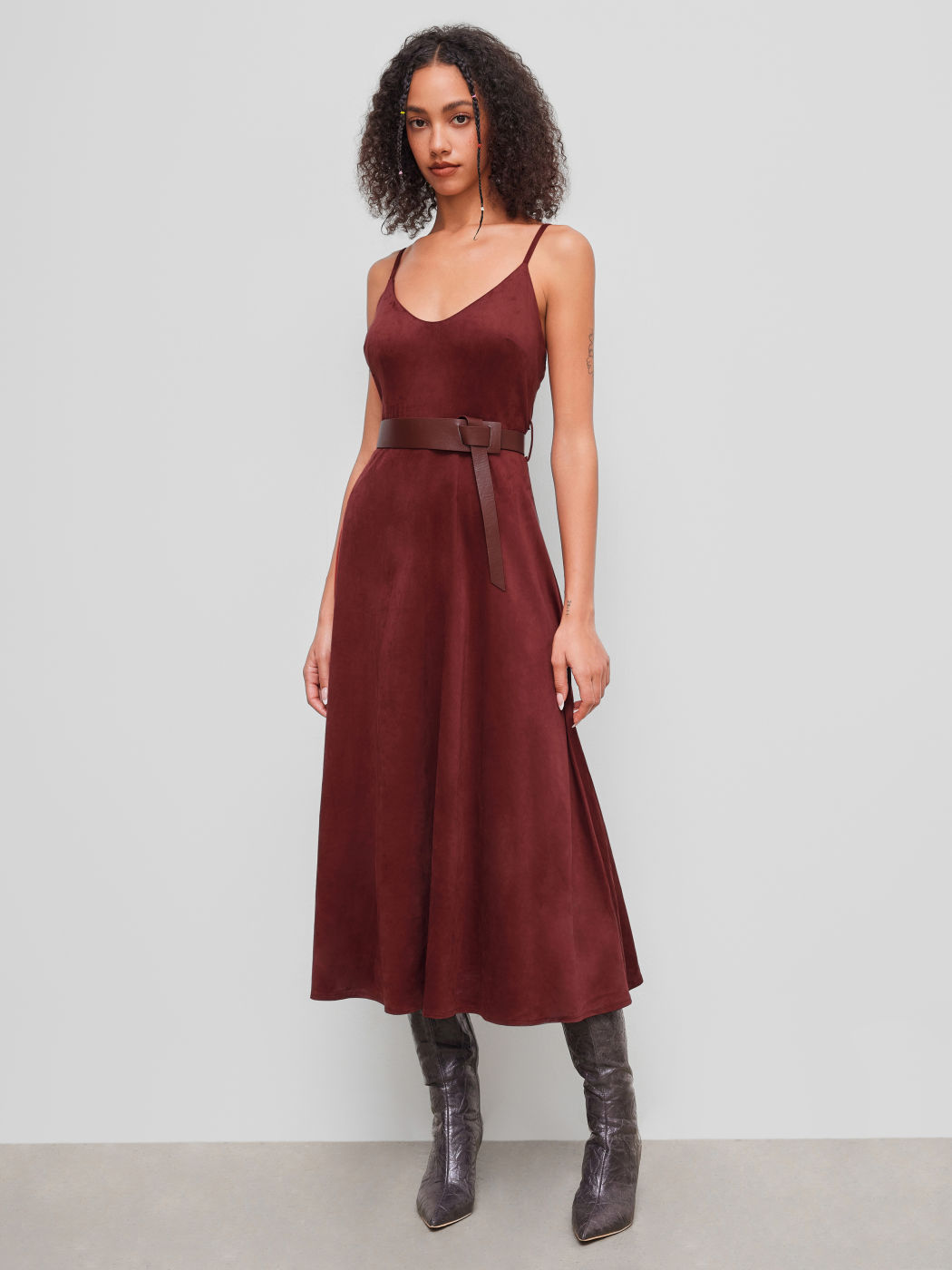 Suede V-neck Maxi Dress With Belt
