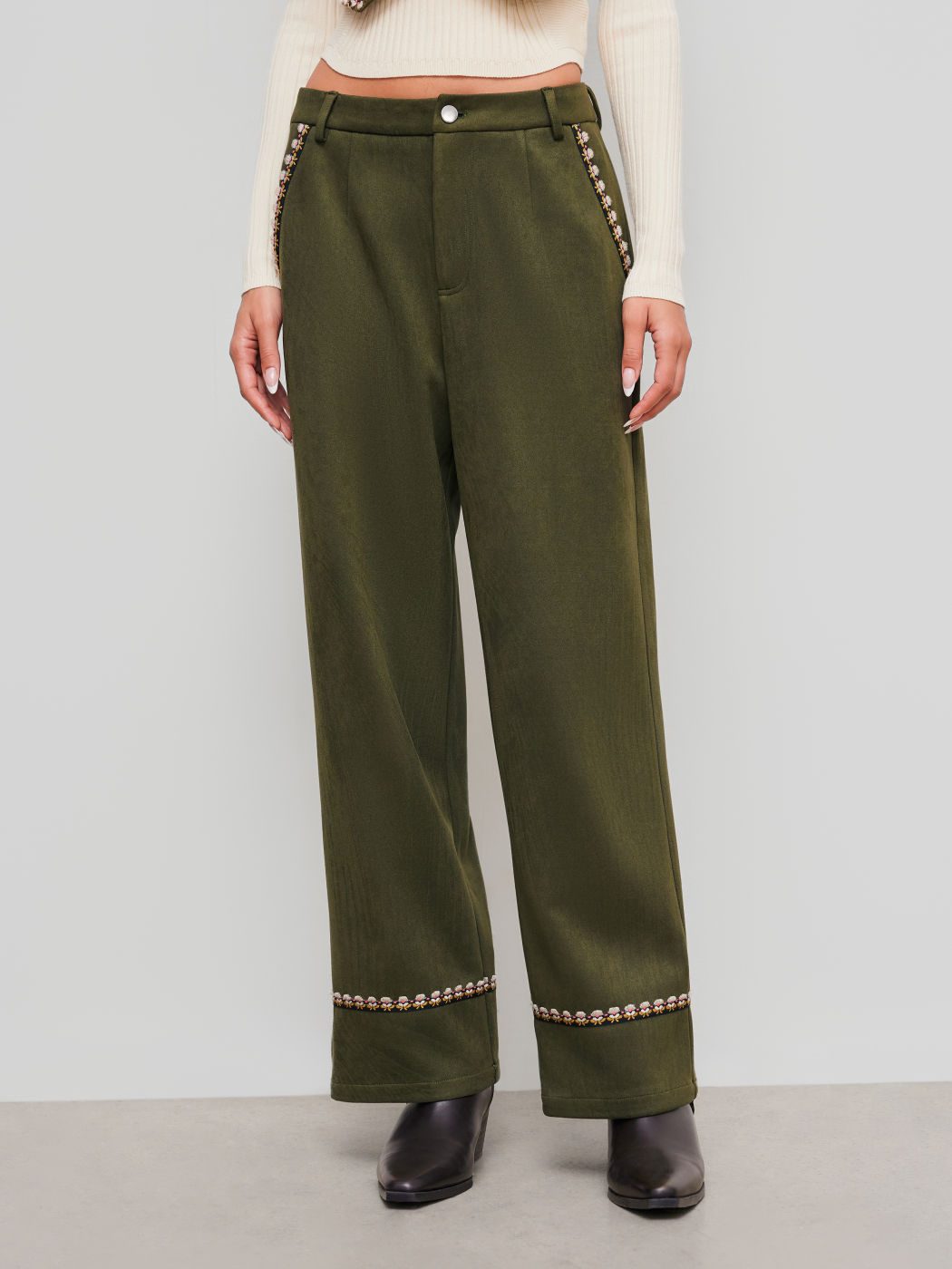 Suede Mid Rise Floral Embroidery Trim Straight Leg Trousers