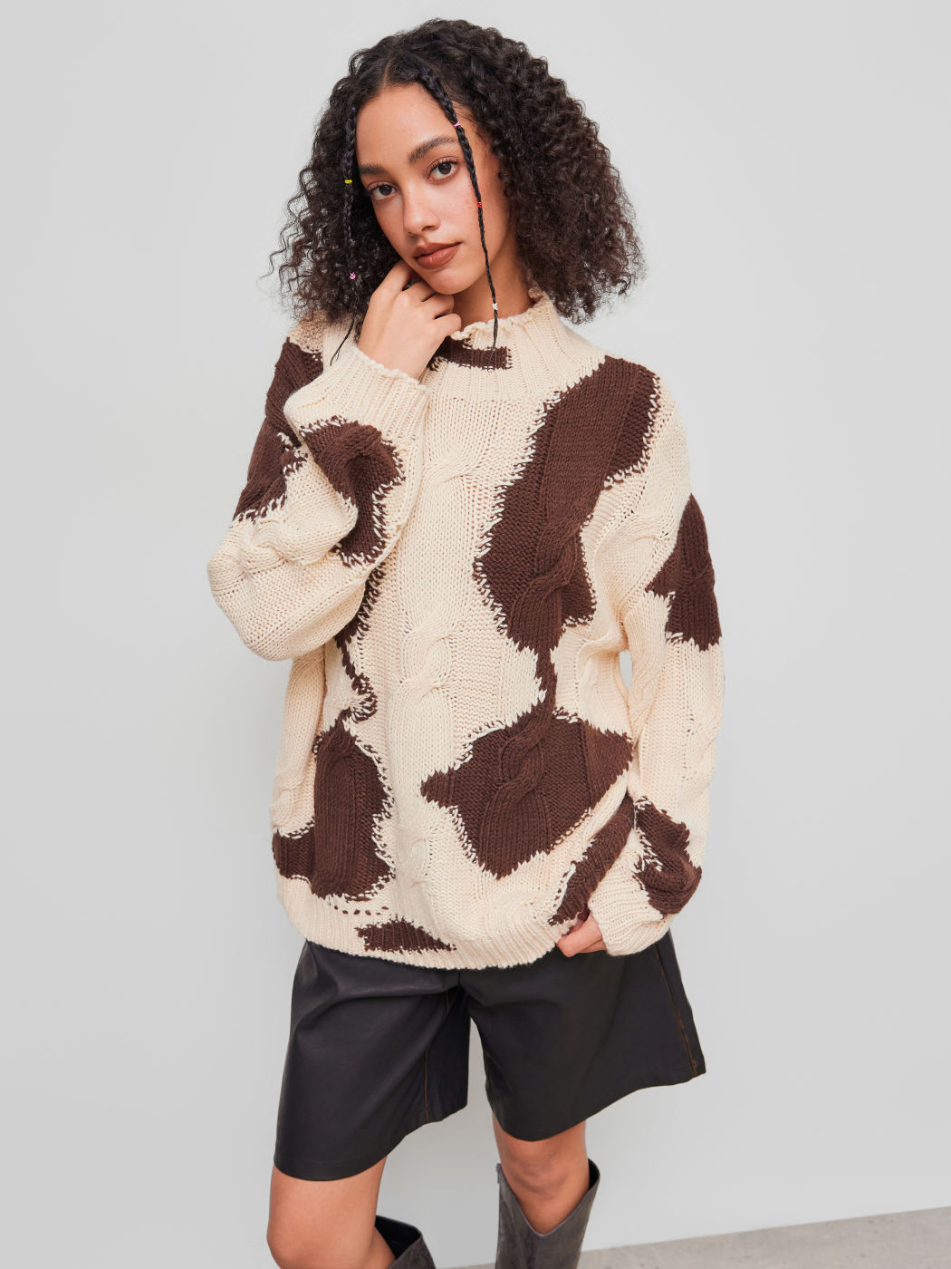 Cable Knit High Neck Cow Print Long Sleeve Top
