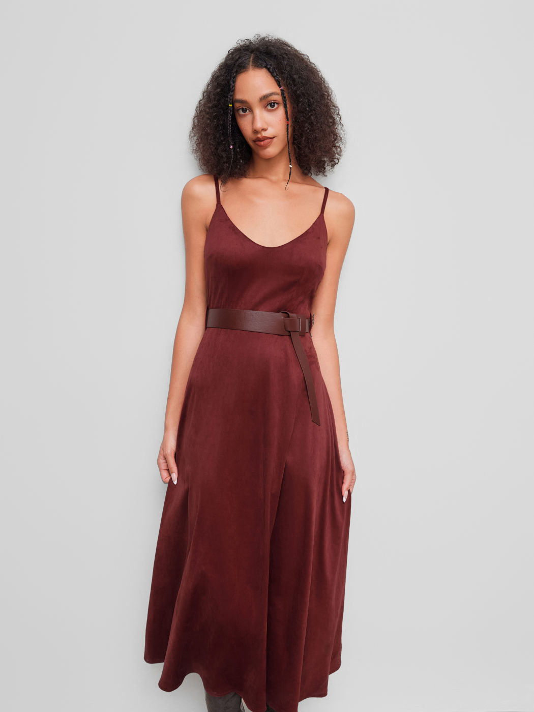 Suede V-neck Maxi Dress With Belt