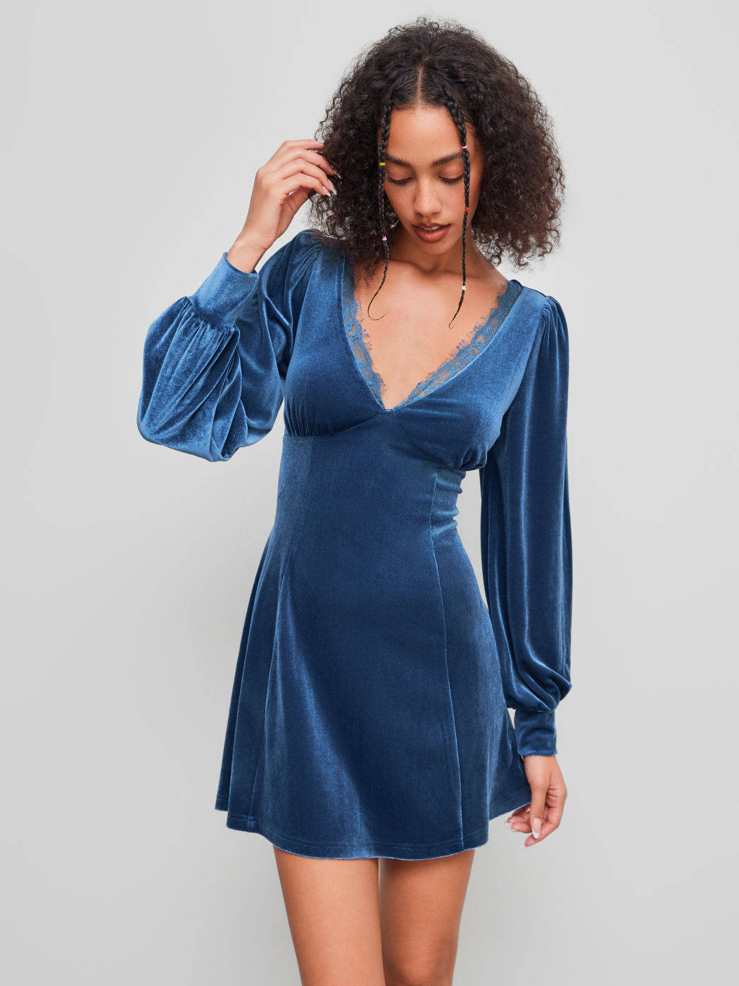Velvet V-neck Lace Lantern Sleeve Mini Dress