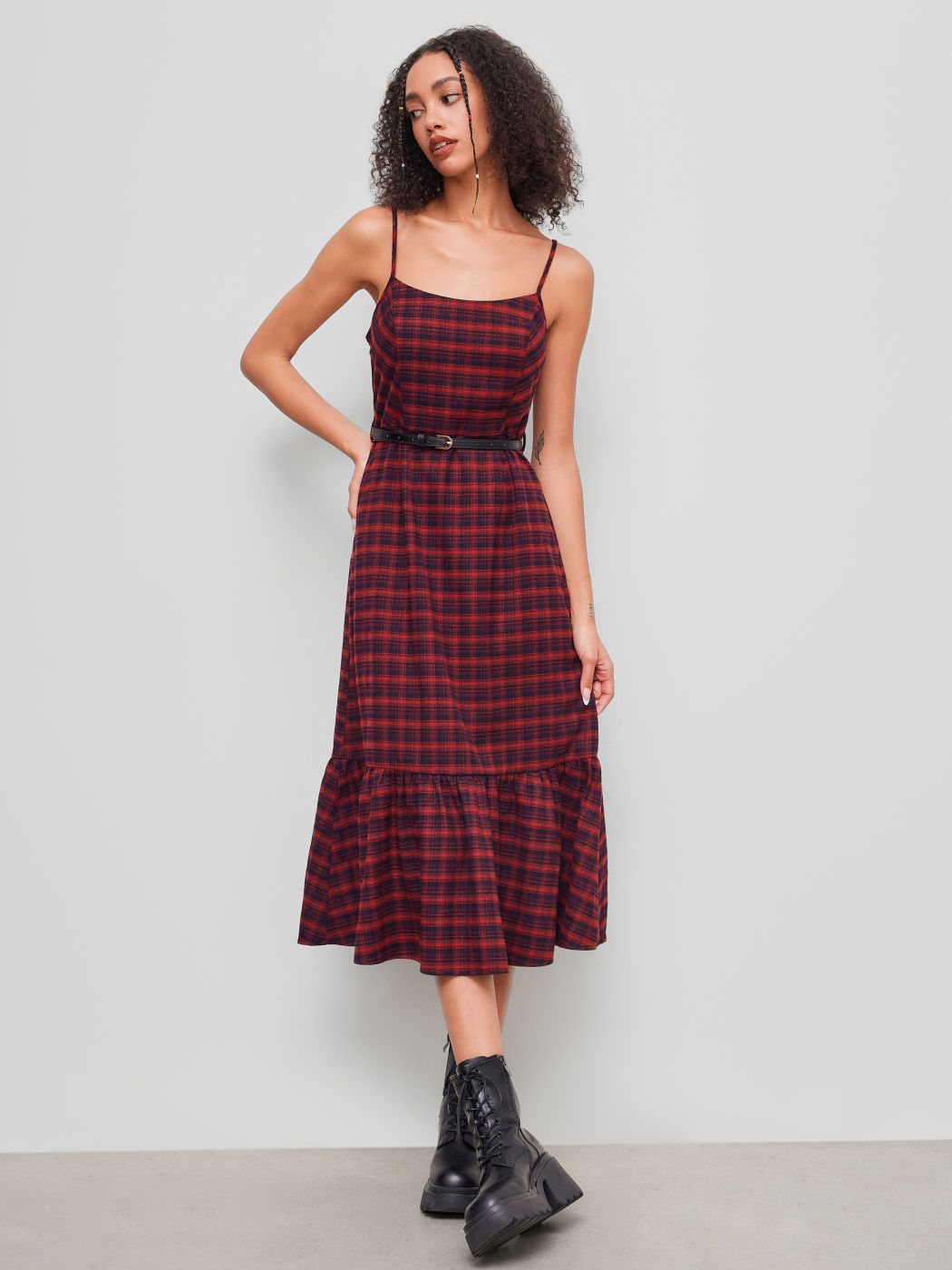 Square Neck Tartan Belted Maxi Dress