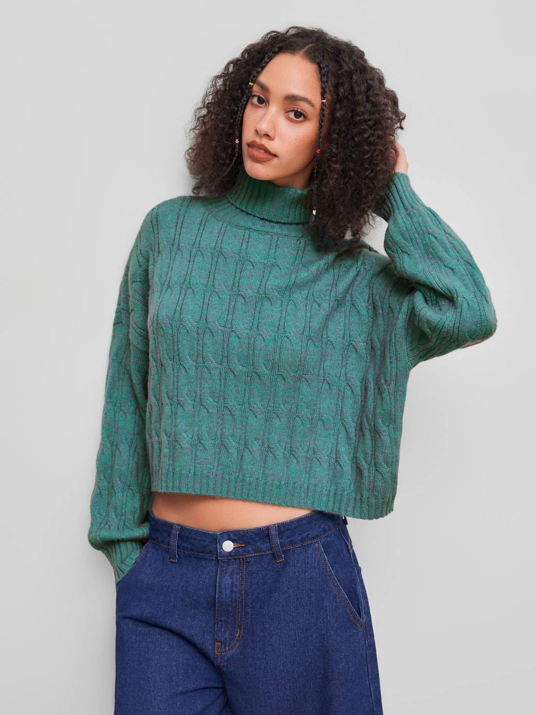 Cable Knit High Neckline Crop Top