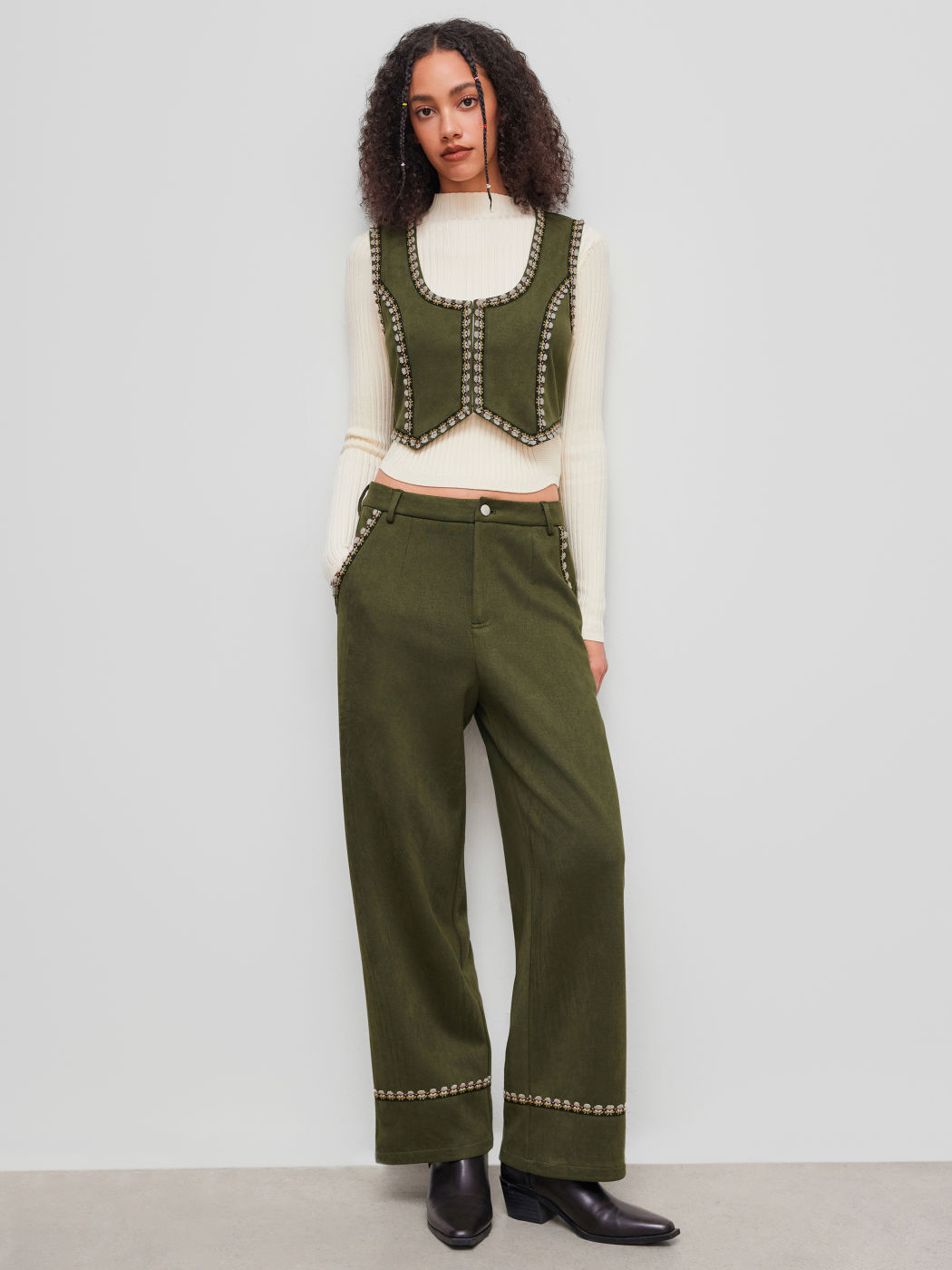 Suede U-neckline Floral Embroidery Trim Crop Jacket Vest