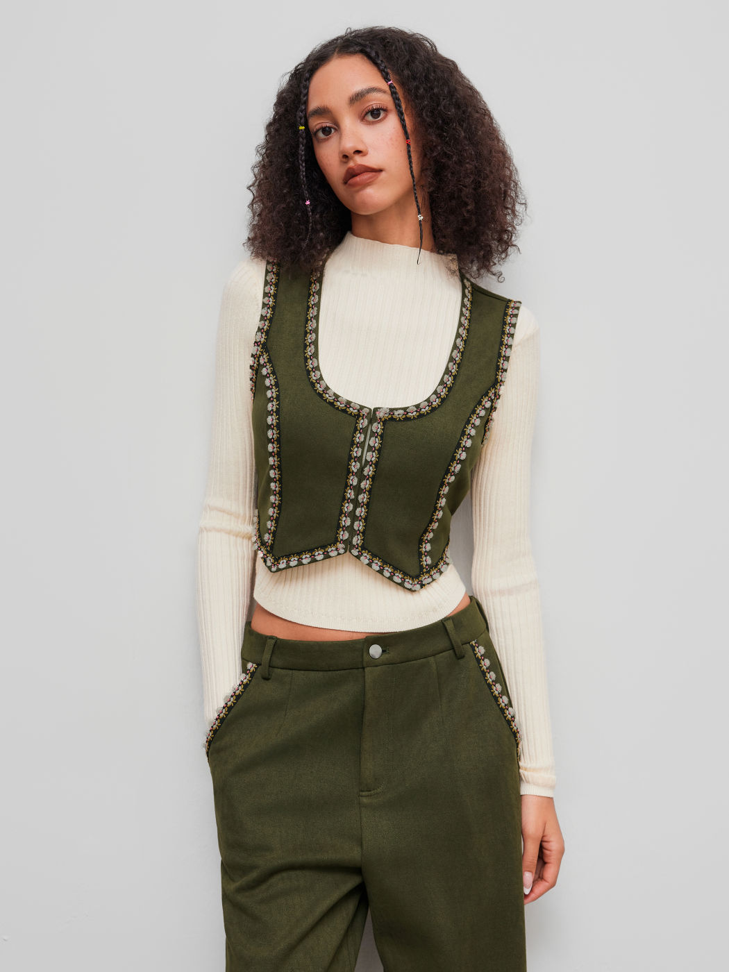 Suede U-neckline Floral Embroidery Trim Crop Jacket Vest