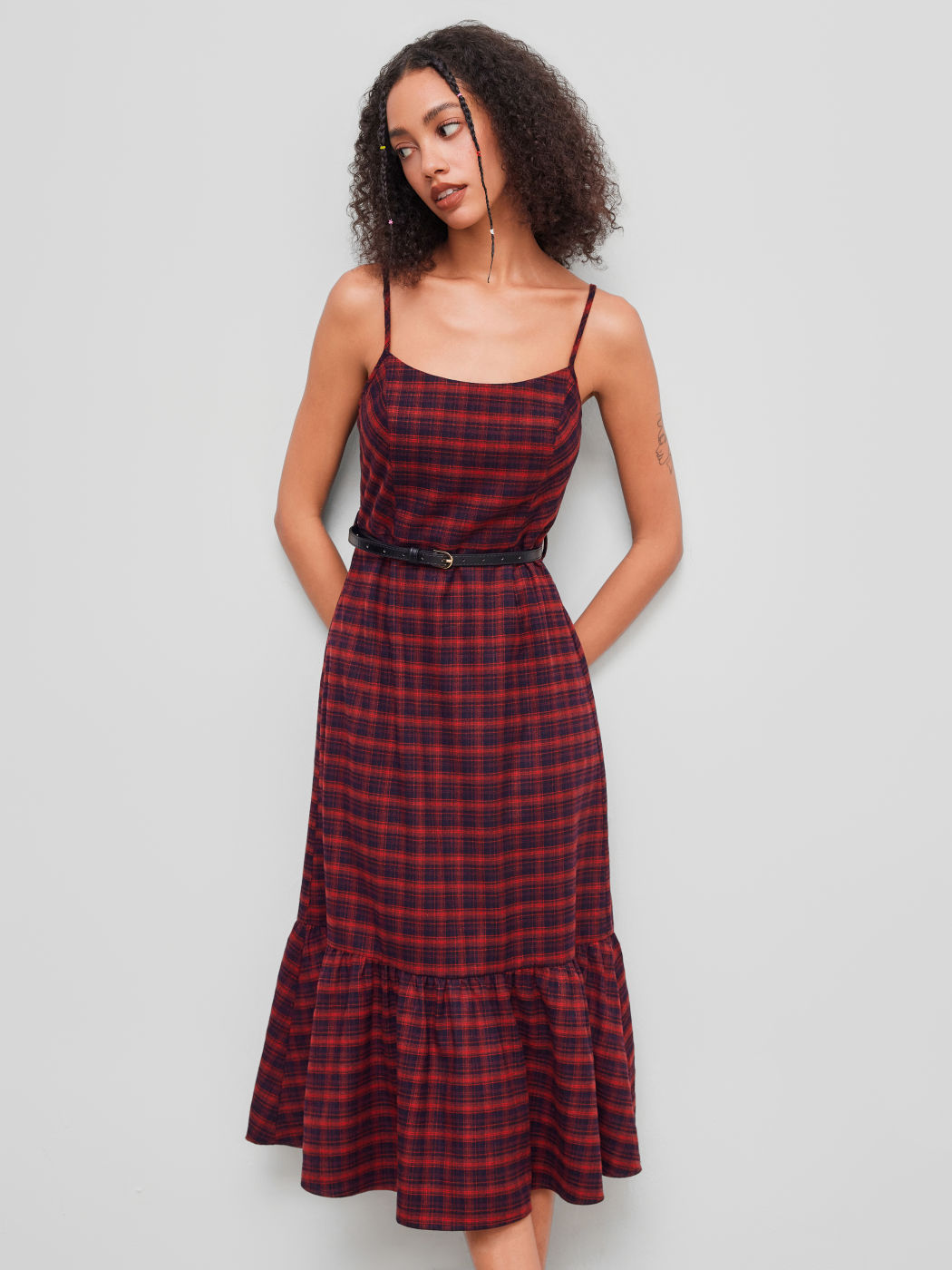 Square Neck Tartan Belted Maxi Dress