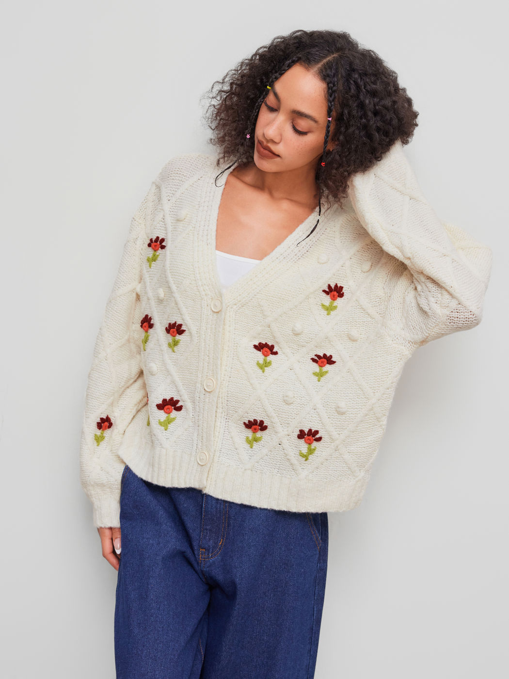 Knit V-neck Floral Oversized Cardigan