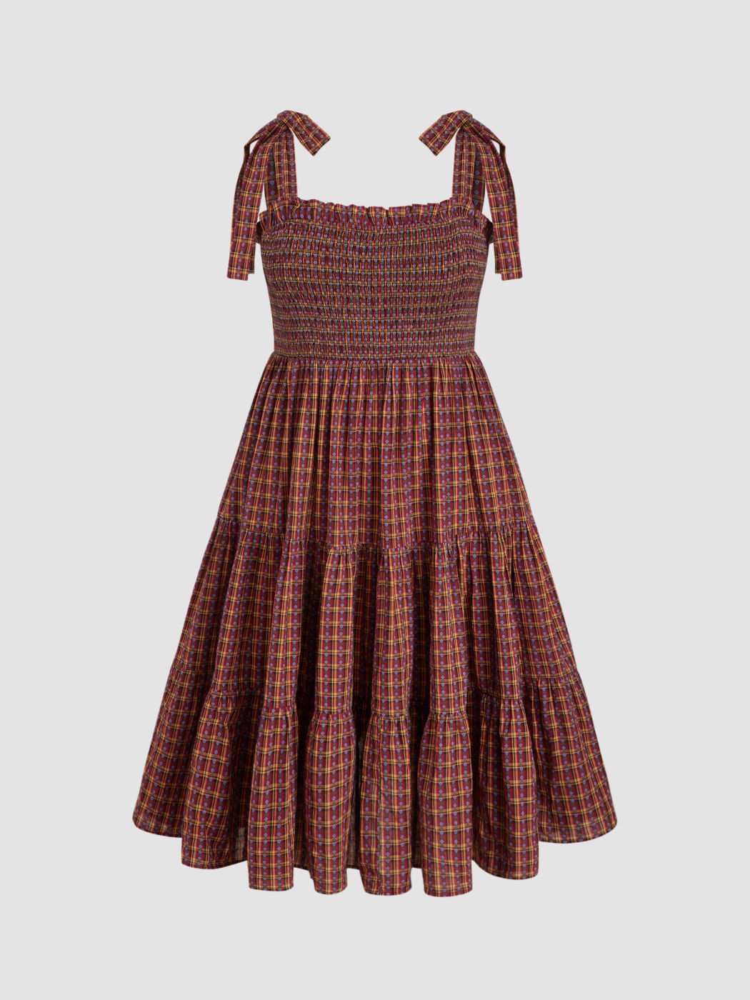 100% Cotton Knotted Floral Tartan Shirred Midi Dress Curve & Plus