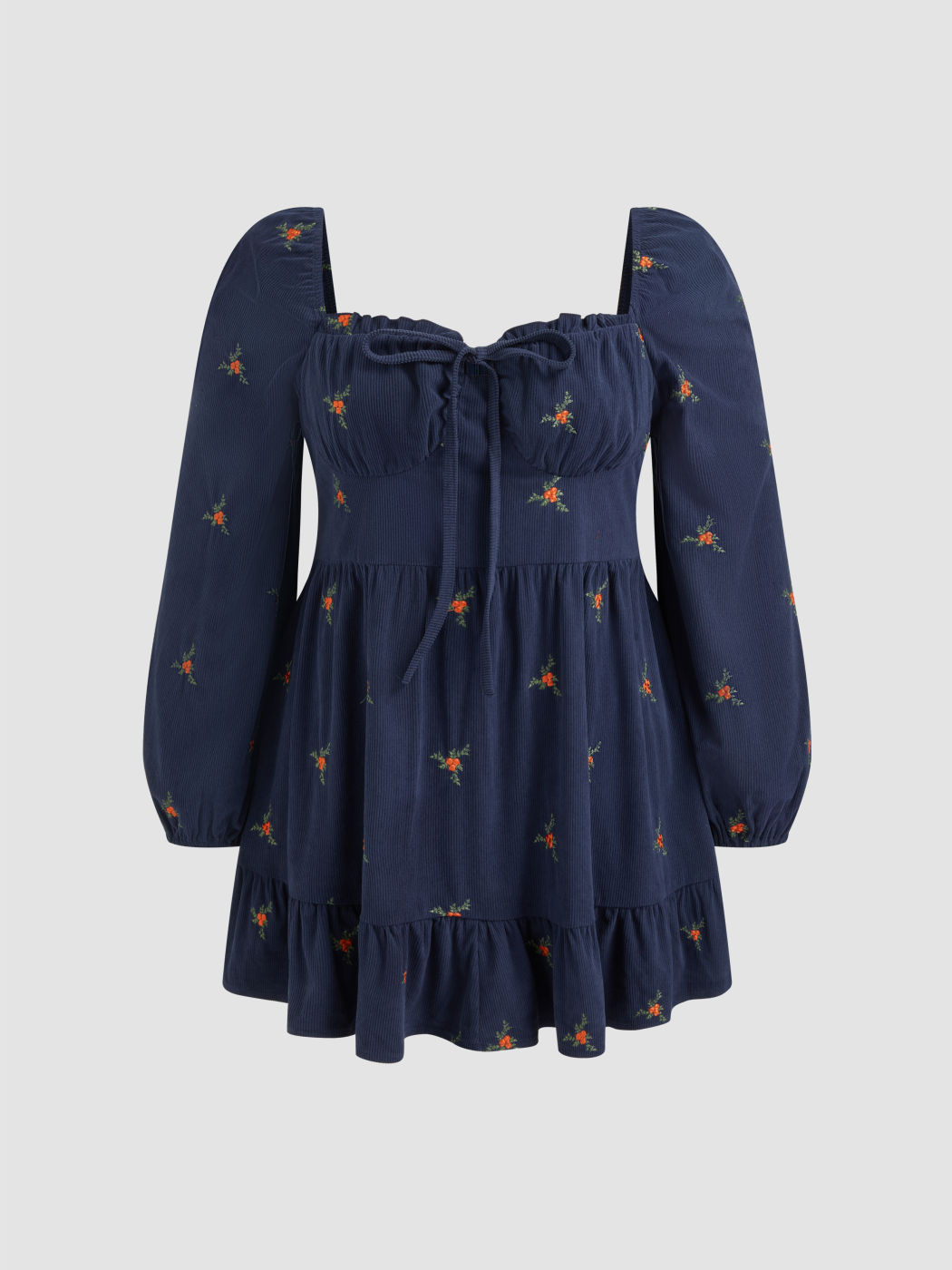 Corduroy Sweetheart Knotted Floral Embroidery Mini Dress Curve & Plus