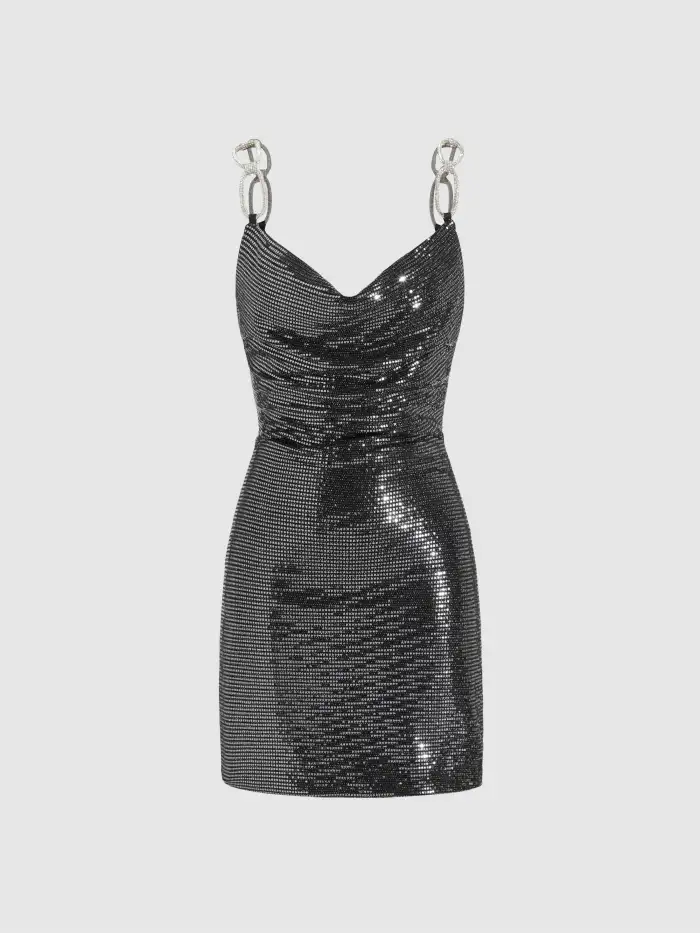 Sequin Cowl Neck Rhinestone Shoulder Straps Mini Dress
