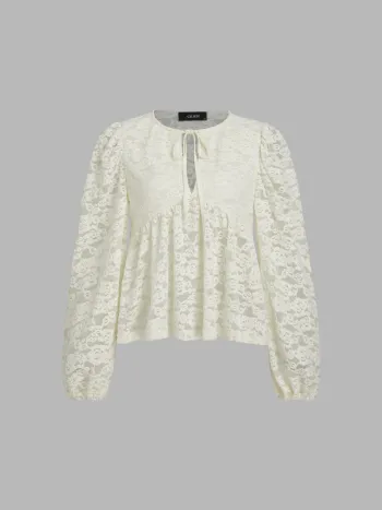 Rundhalsausschnitt Floral Cut Out Geknotete Langarmbluse