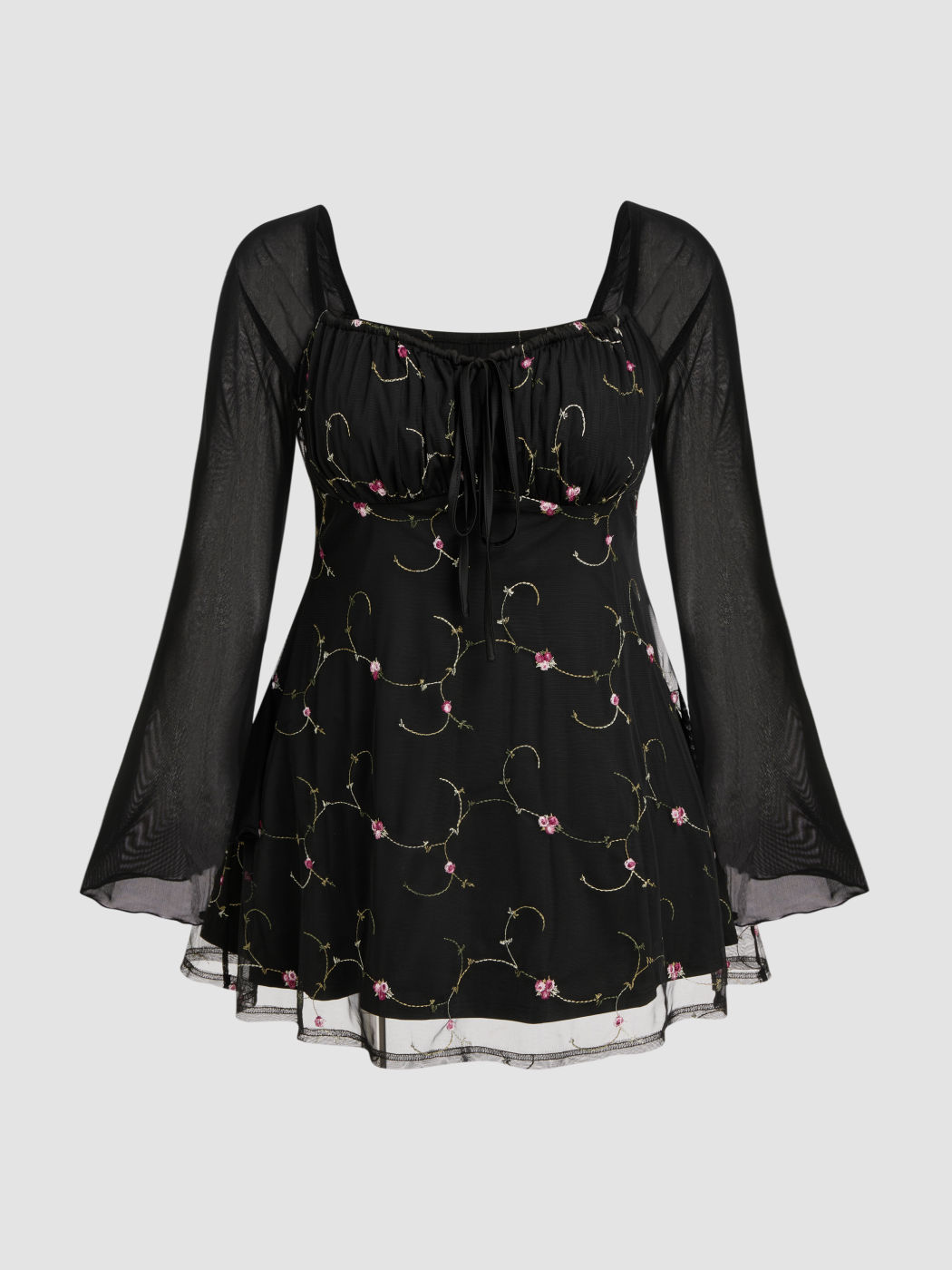 Mesh Square Neck Floral Knotted Mini Dress Curve & Plus