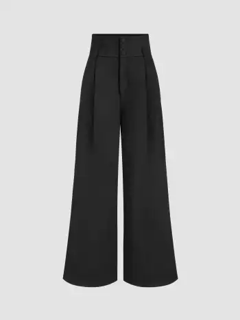 Corduroy High Rise Solid Pleated Double Button Pocket Wide Leg Trousers