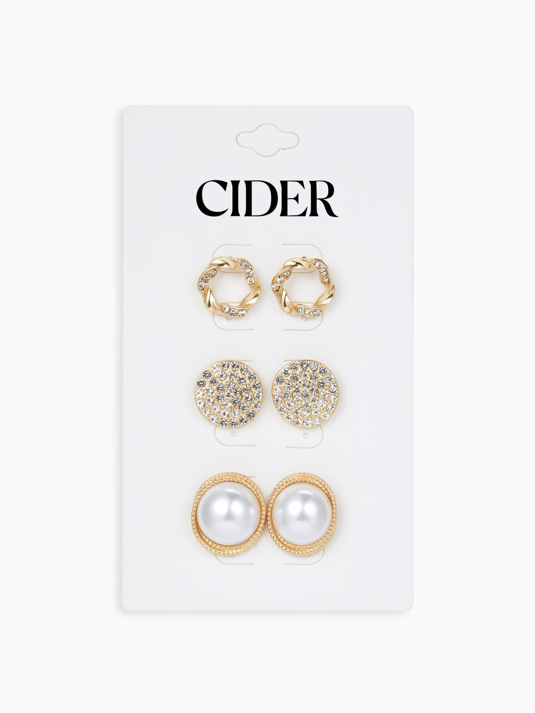 3 PAIRS FAUX PEARL & TWIST & RHINESTONE EARRING SET