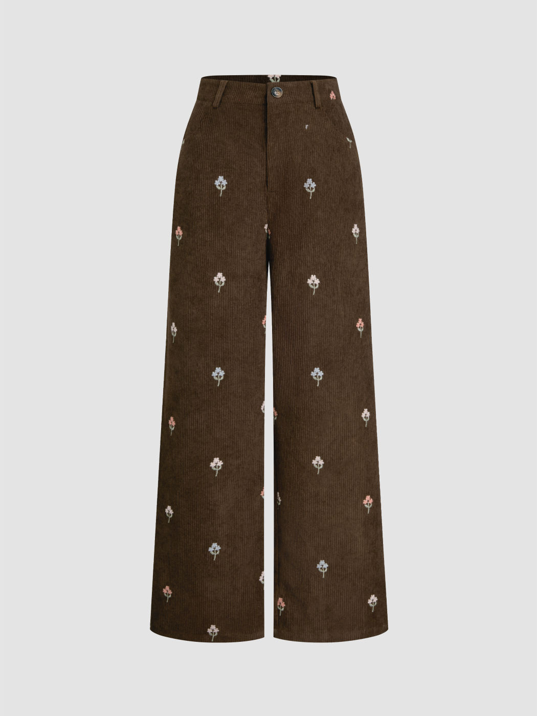 Corduroy Mid Rise Floral Embroidery Straight Leg Trousers