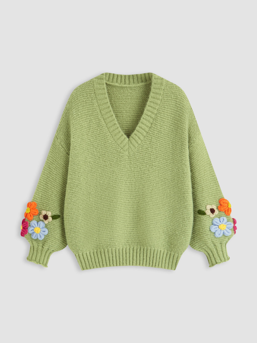 Mohair-blend Knit V-neck 3D Floral Oversized Top Curve & Plus