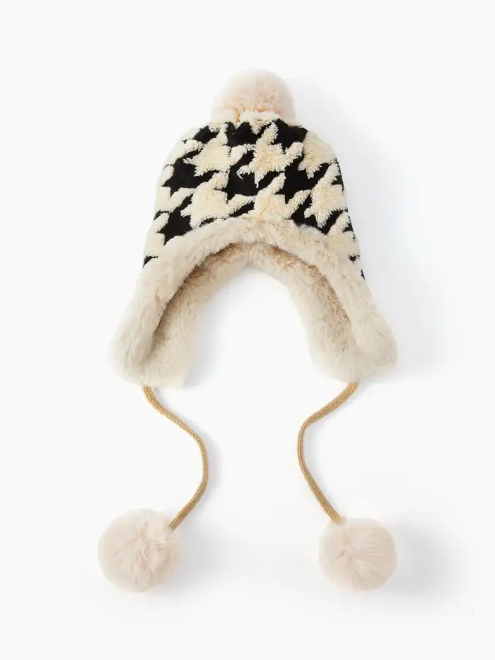 POM POM DECOR HOUNDSTOOTH FLEECE LINED TRAPPER HAT For Daily