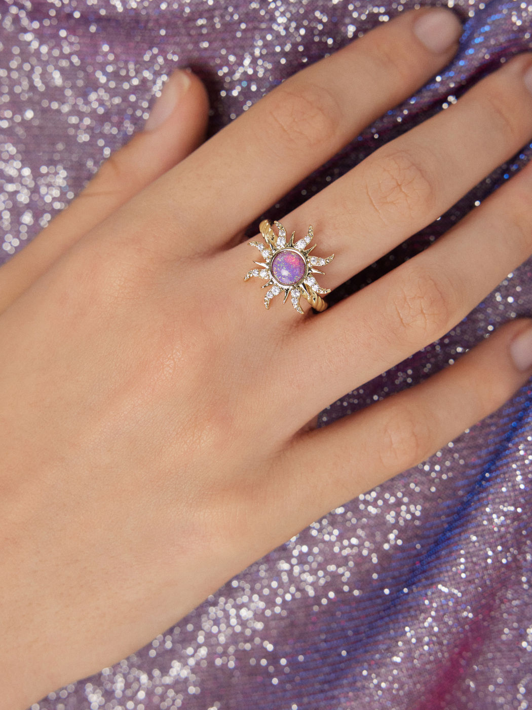 SUN & GEMSTONE 14K GOLD PLATED COPPER RING