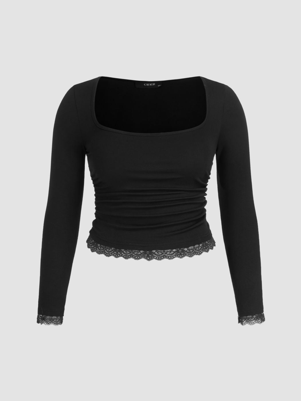 Square Neck Lace Trim Ruched Long Sleeve Tee Curve & Plus