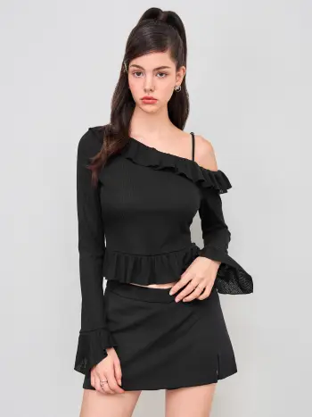 Asymmetrical Neck Ruffle Hem Long Sleeve Top