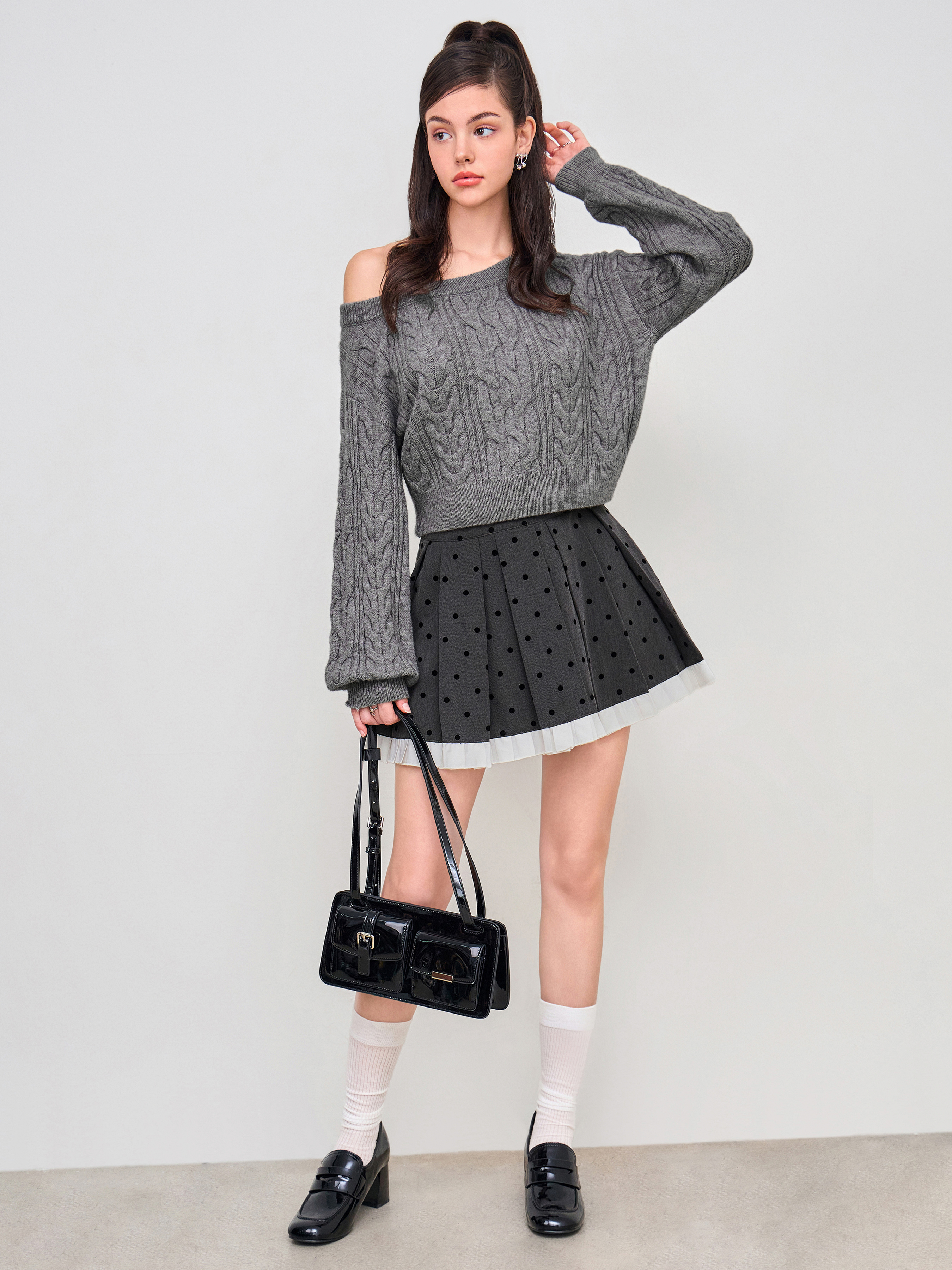 Knit Fabric Cable Knit Asymmetrical Neck Oversized Long Sleeve Top For Daily Casual