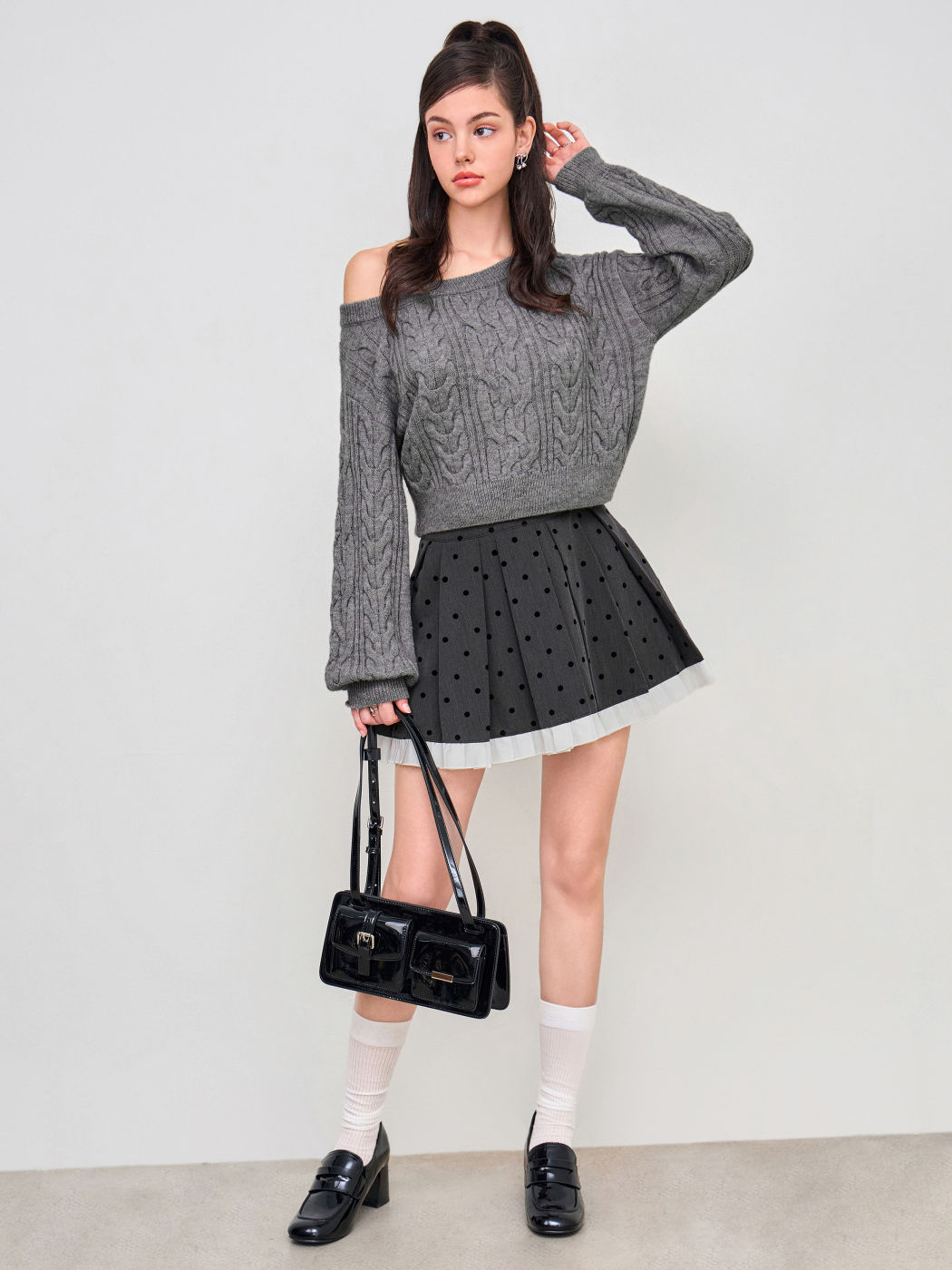 Cable Knit Asymmetrical Neck Oversized Long Sleeve Top