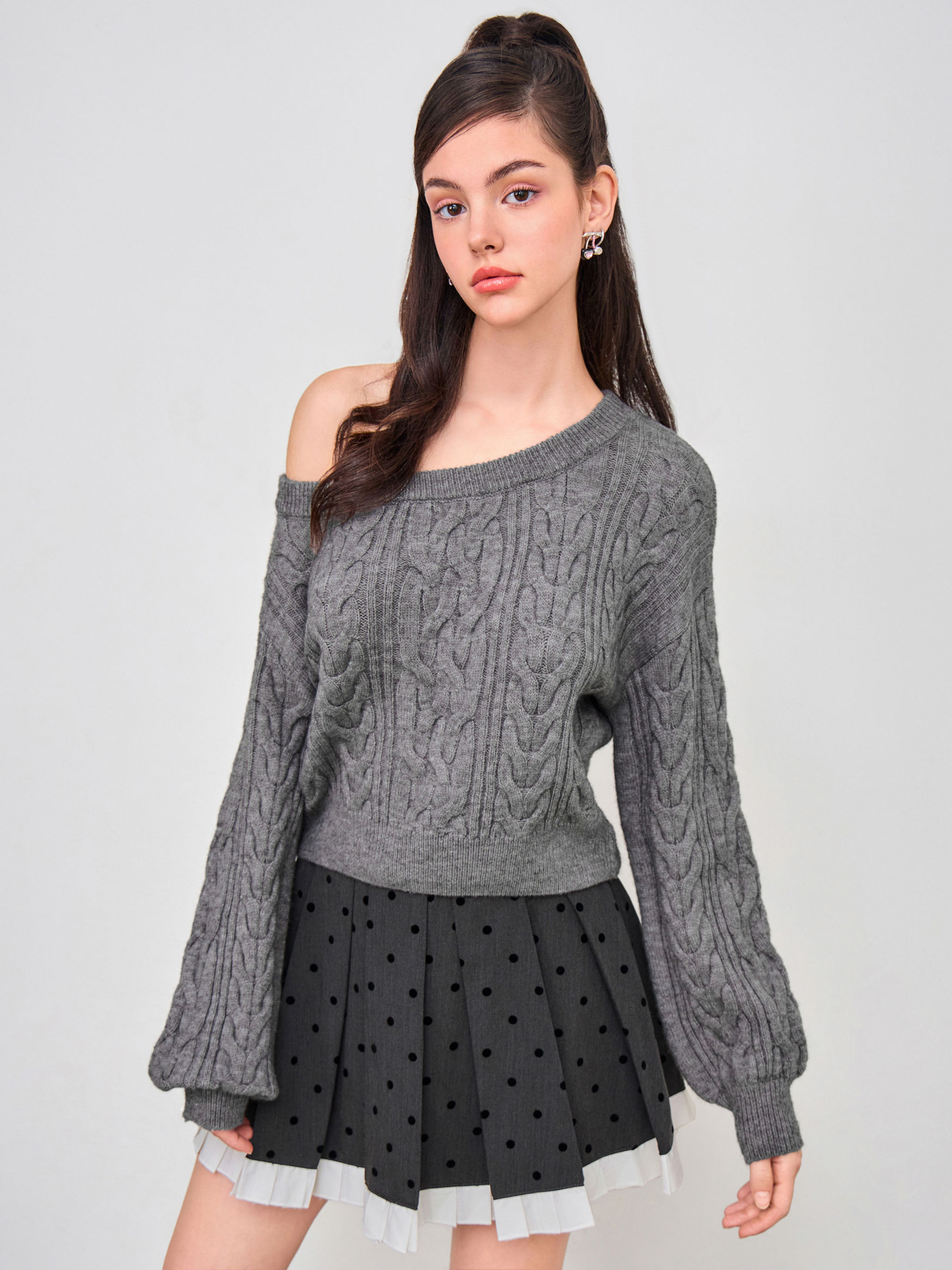 Cable Knit Asymmetrical Neck Oversized Long Sleeve Top