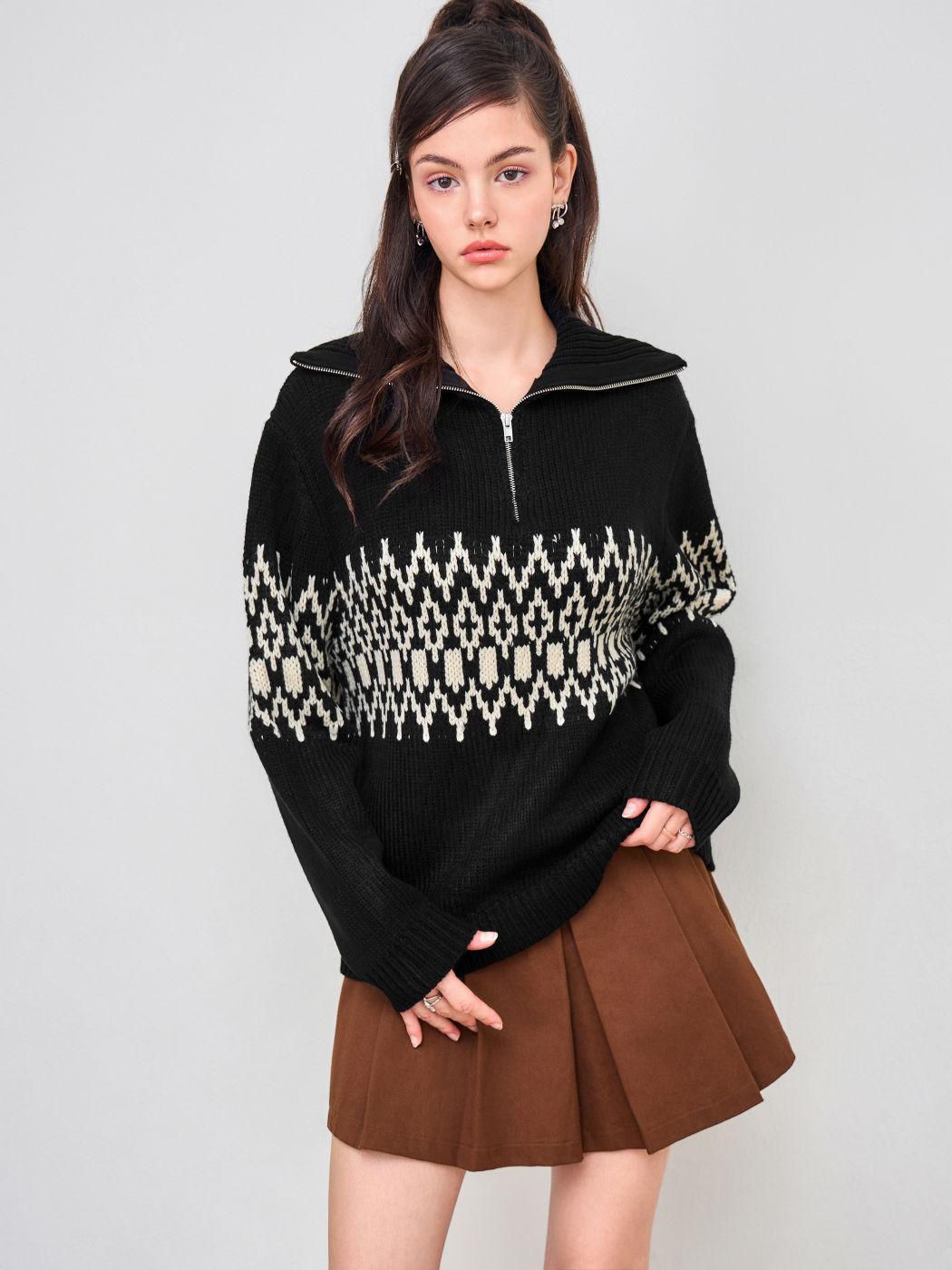 Knit Geometric Half Zip Oversized Sweater