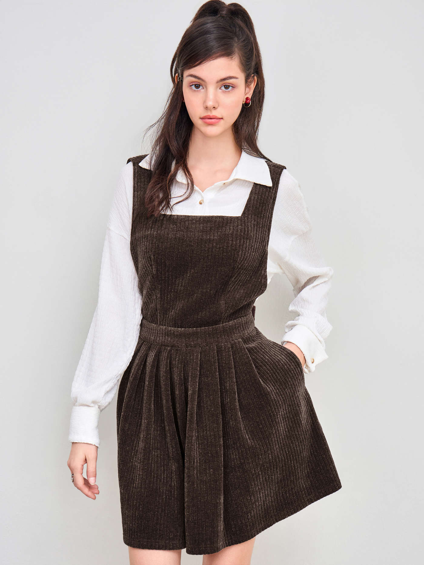 Corduroy Square Neck Pleated Pinafore Mini Dress