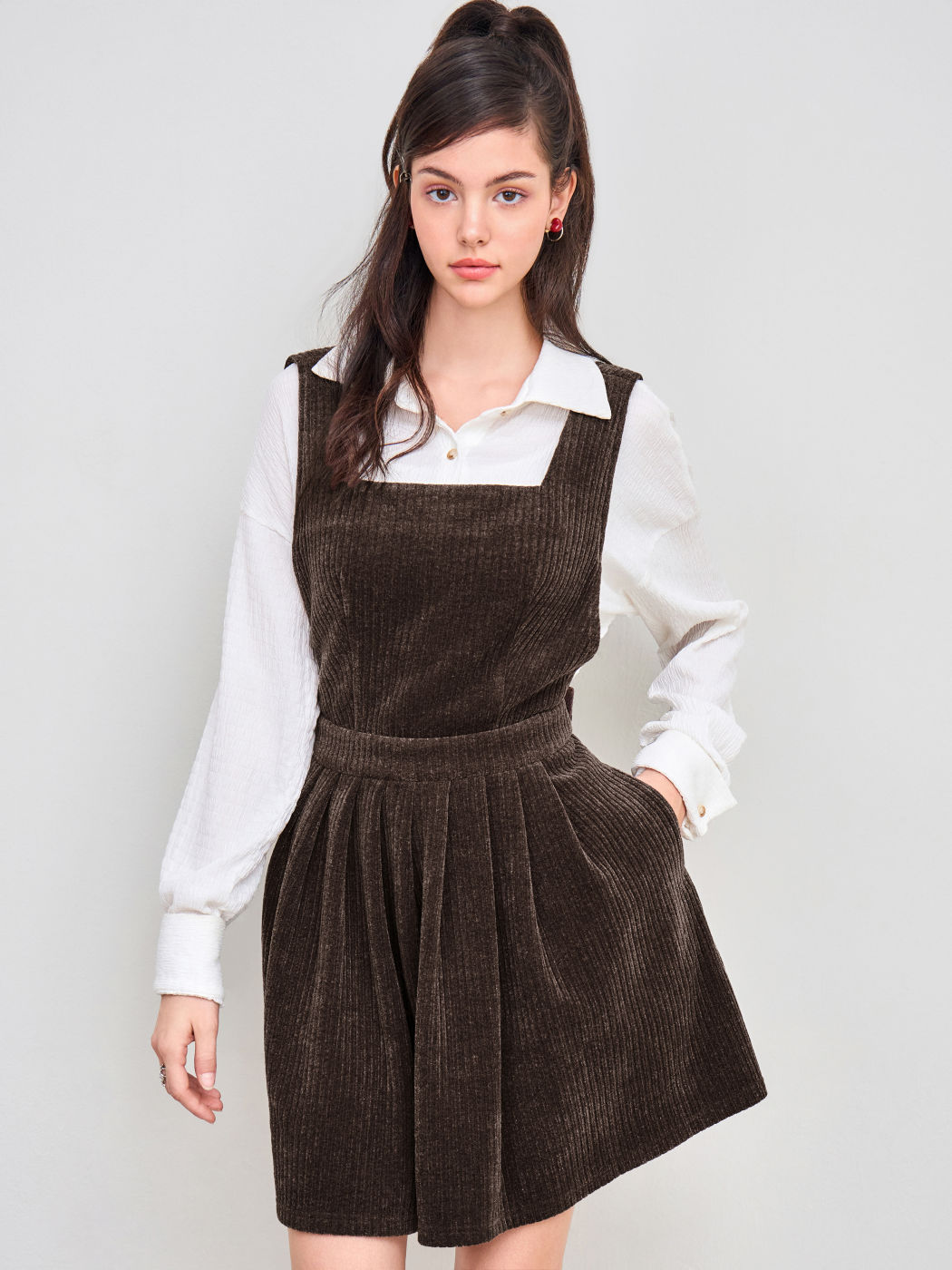 Corduroy Square Neck Pleated Pinafore Mini Dress