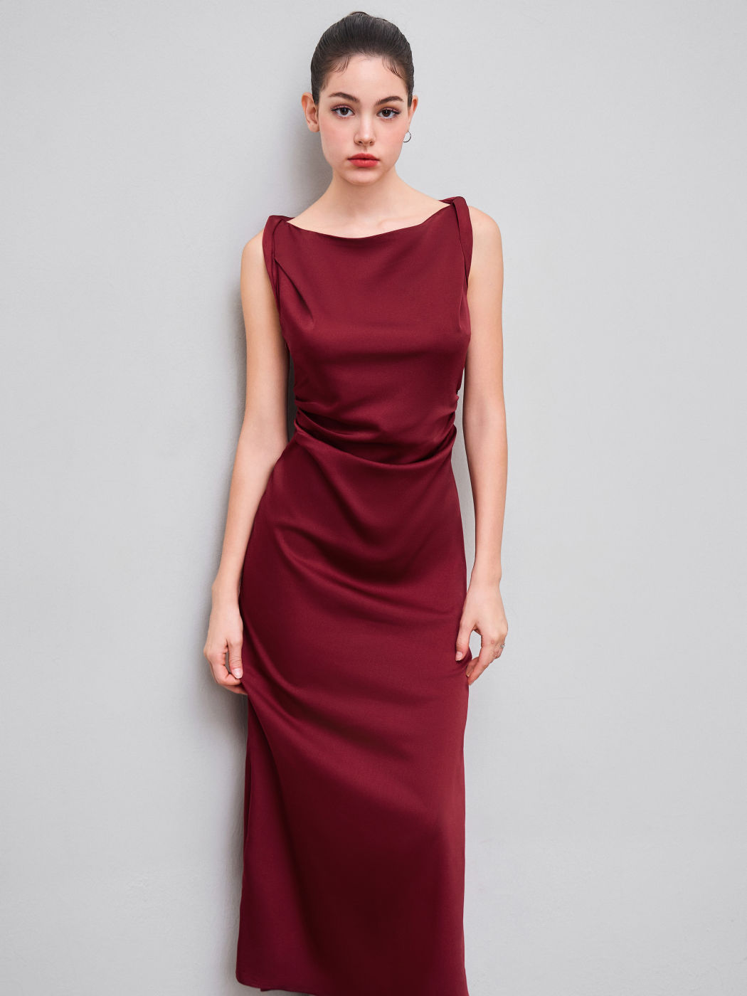 Satin Boat Neck Ruched Maxi Dress