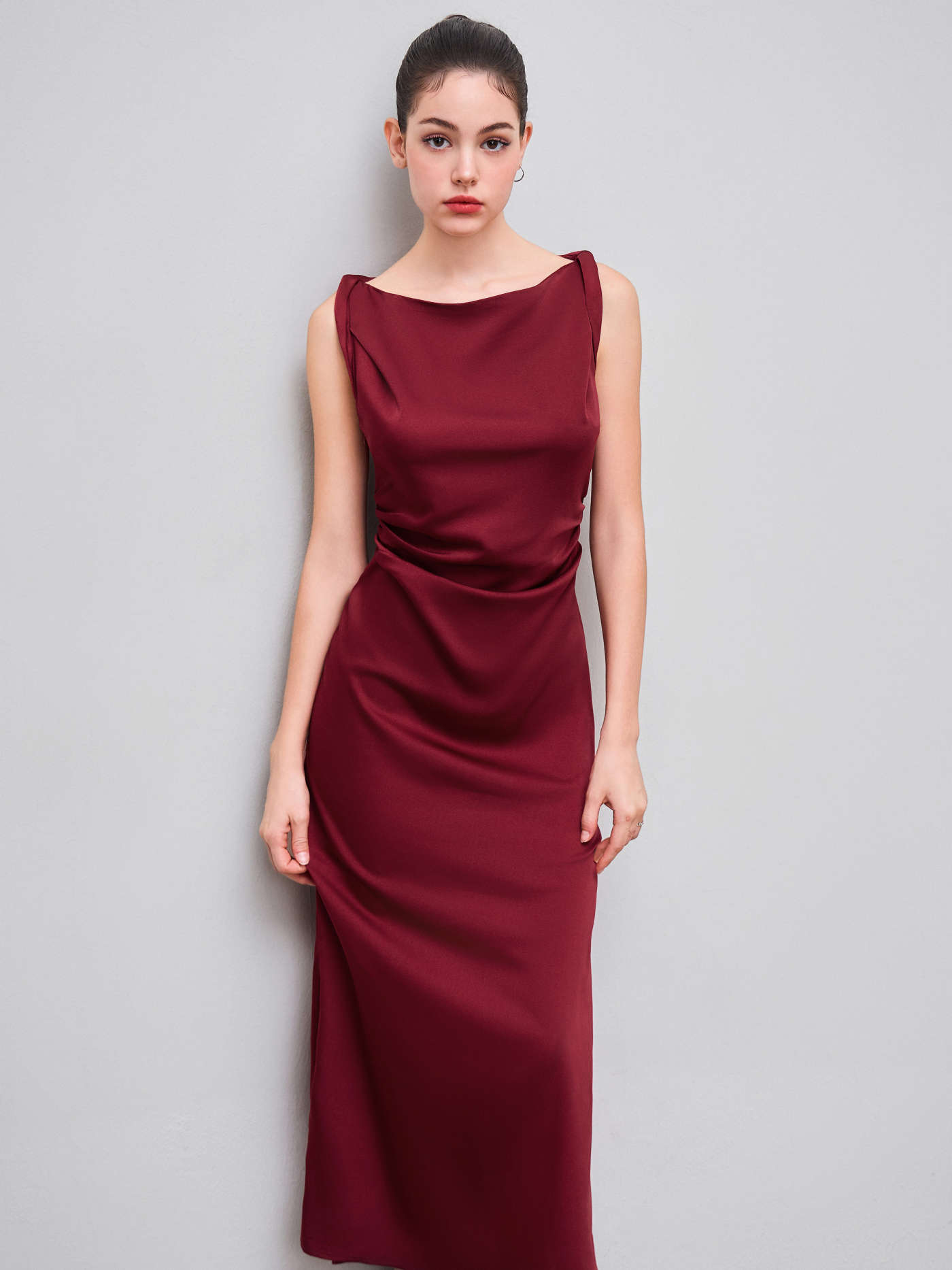 Satin Boat Neck Ruched Maxi Dress