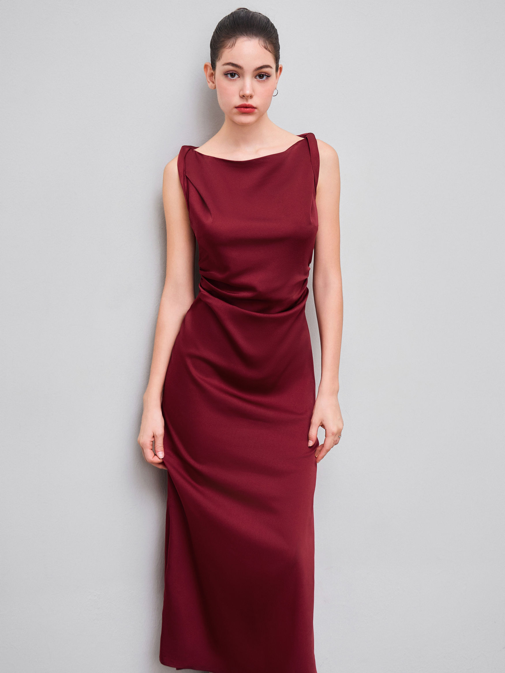 Satin Boat Neck Ruched Maxi Dress